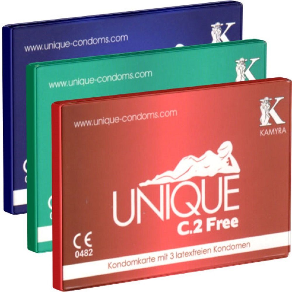 Kamyra Kondome Kamyra «Unique C.2» Test-Set mit 3 Kondomkarten (Free, Pull, Smart) Insgesamt, 9 St., latexfreie Kondome, auch mit ölhaltigen Gleitmitteln verwendbar