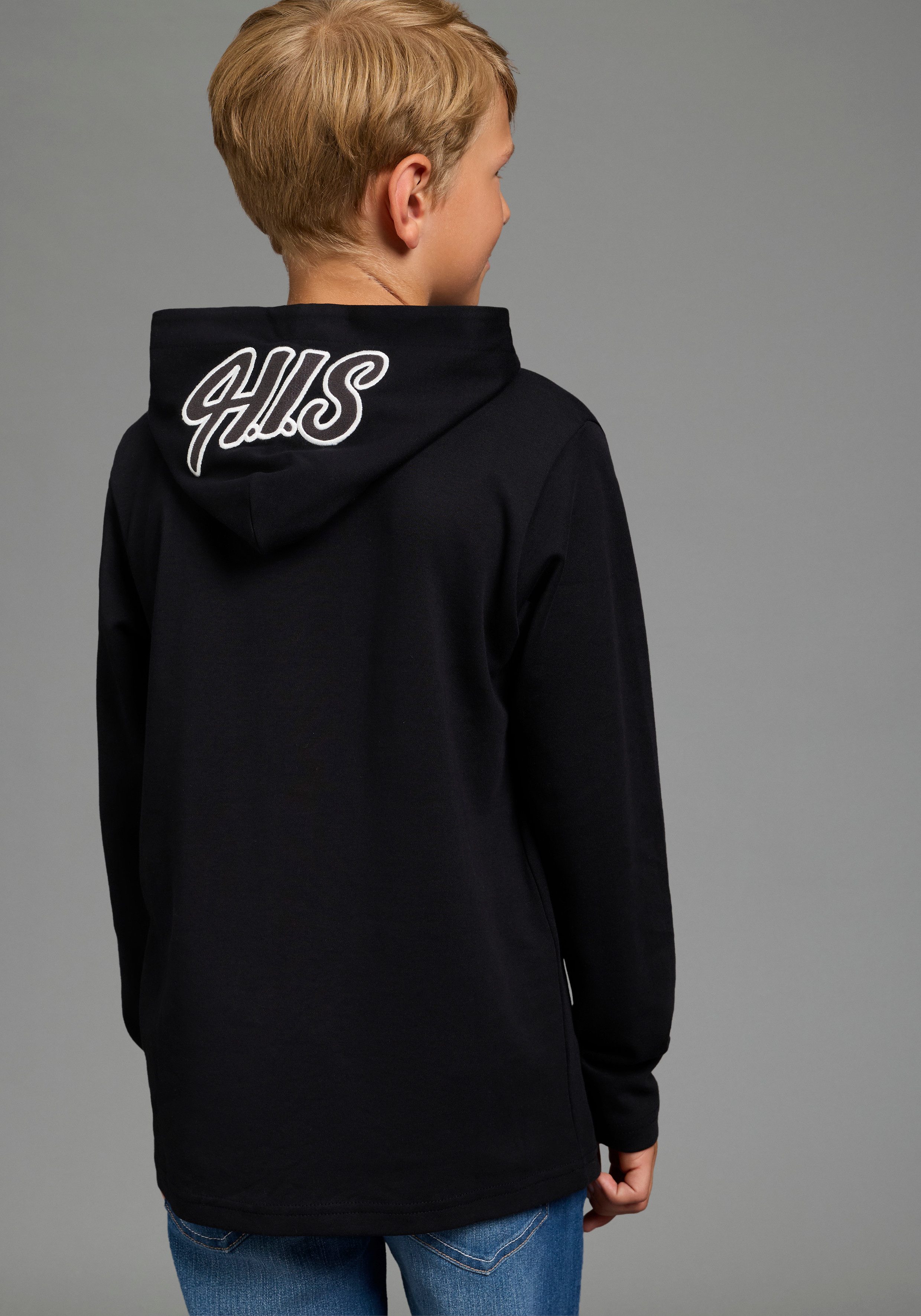 H.I.S Kapuzenshirt Shirt mit großer Stickerei auf der Kapuze H.I.S Logo, hüftlange Basic-Passform, Langarm-Design, modischer Stil
