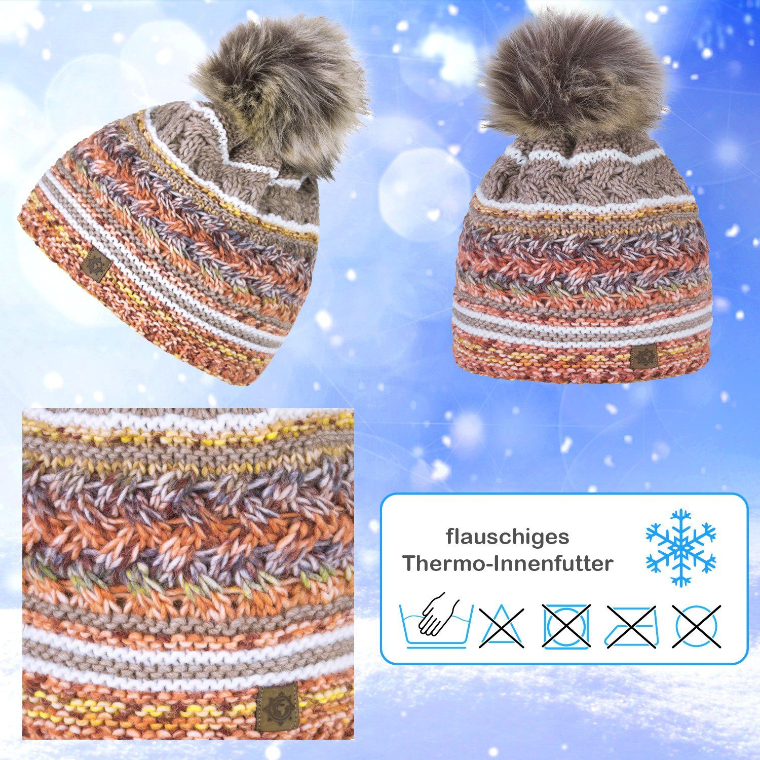 (1-St) Bommelmütze compagno Damen Beanie orange Winter gefüttert Wintermütze Strickmütze