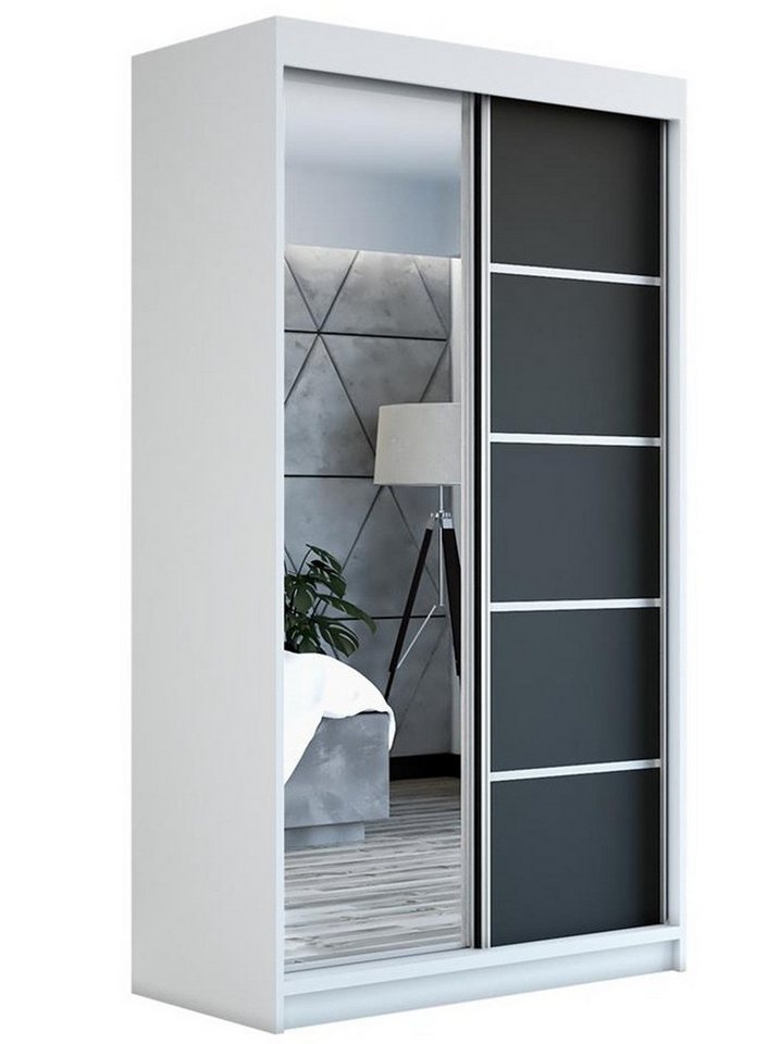 A&J MöbelLand GmbH Schiebetürenschrank GAPI mit Spiegel (TOP ANGEBOT! Geräumiger Schrank mit viel Stauraum:6 Regalen und 1 Kleiderstange – -ideal zur Aufbewahrung von Kleidung und Accessoires. TOP PRODUKT! Farbe und Größe (120 cm, 160 cm, 180 cm) zur Ausw