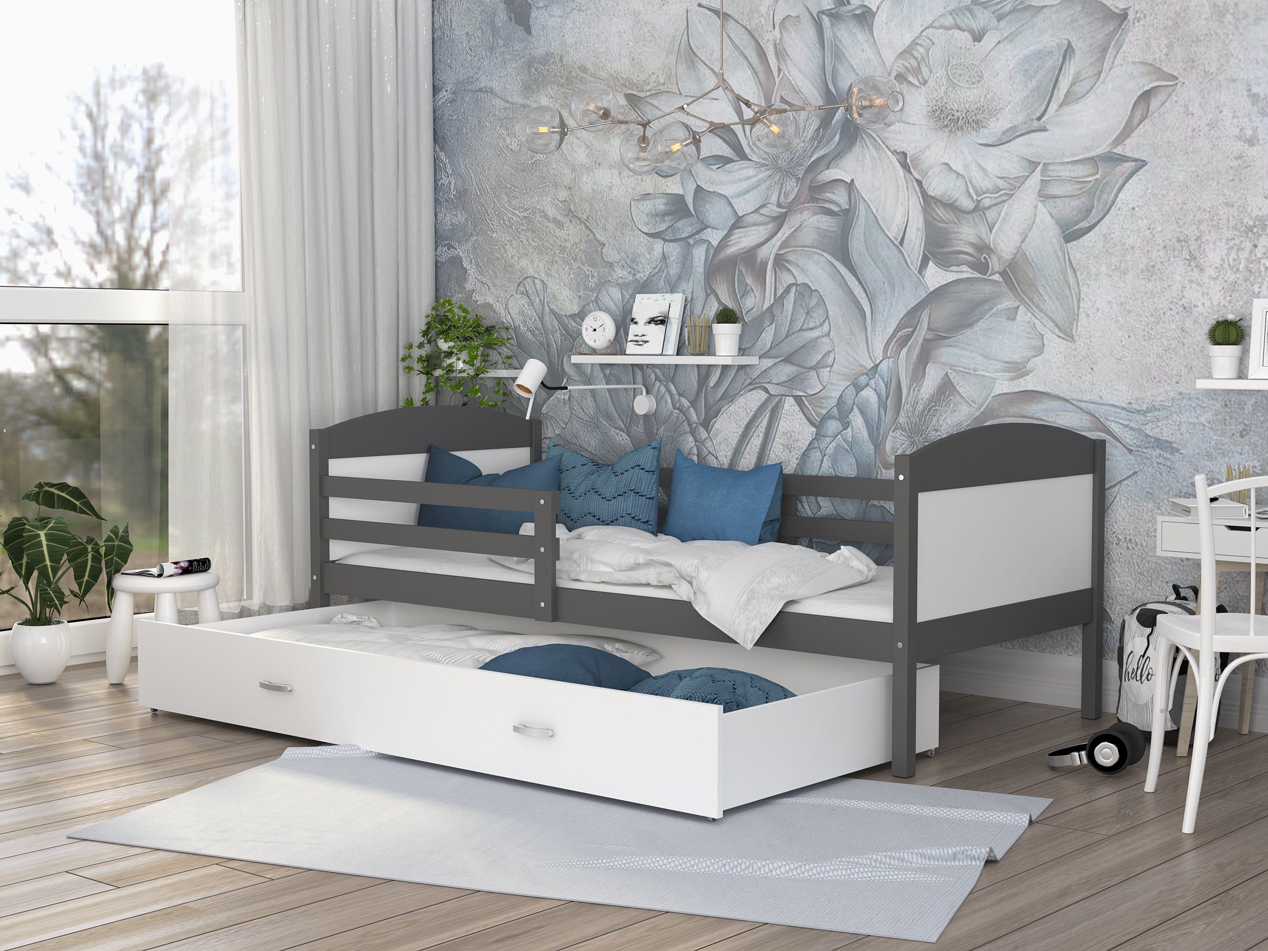 Siblo Einzelbett Mati P (Flexibler Lattenrost, Schublade, Sicherheitsbarriere), Möbelplatte Grau und Weiß