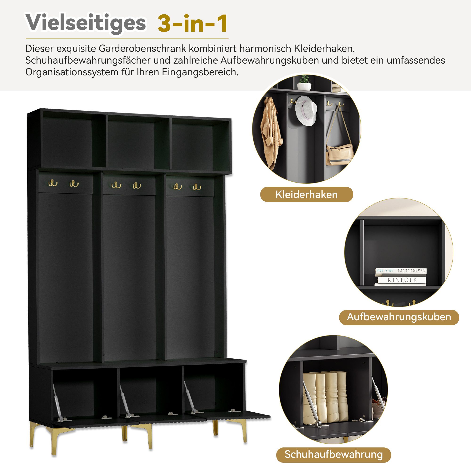 BlingBin Garderoben-Set Wandgarderobe, Flurgarderobe Set mit offene Aufbewahrung, (1er Set, 1-St., 6 goldene Haken und Füße, B120/D23.5/H191.5CM), multifunktionale Aufbewahrungsbank, für Flur, Wohnzimmer, weiß