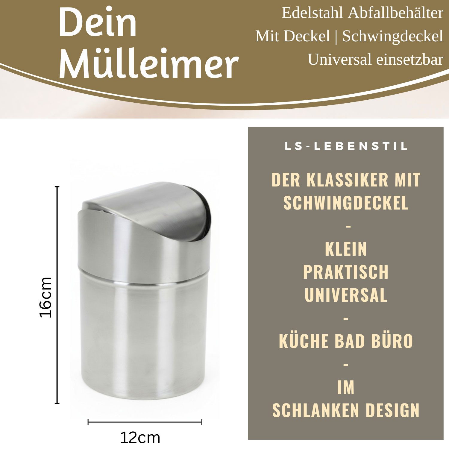 LS-LebenStil Kosmetikeimer Edelstahl Mini Papierkorb Mülleimer 12x16cm Silber mit Schwing-Deckel, Abfalleimer mit Deckel für Küche Bad Mini klein Tisch Mülleimer