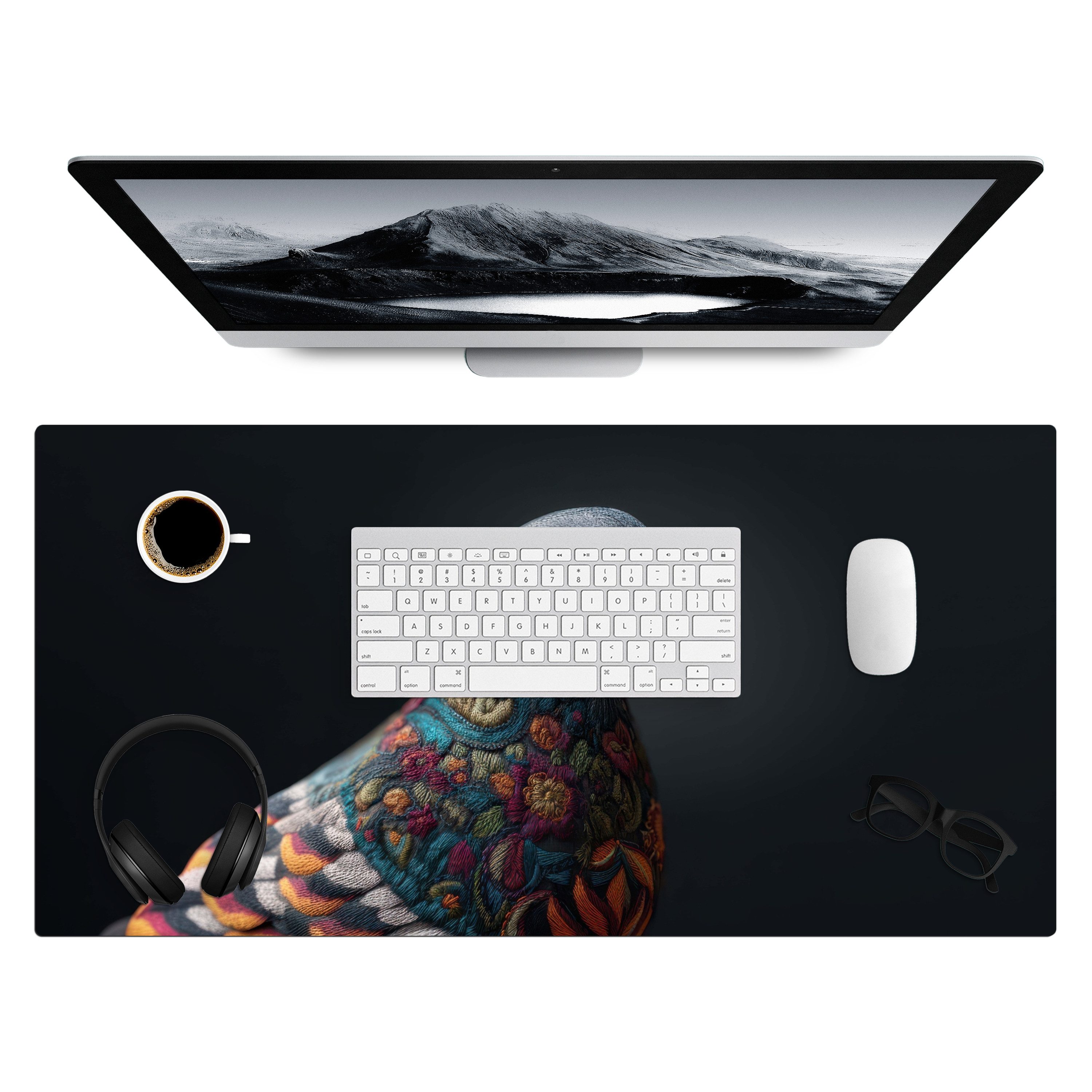 MuchoWow Gaming Mauspad Taube - Blumen - Schwarz (1-St), Gaming Mauspad XXL, Schreibtischunterlage, Desk Mat Groß, 80x40 cm