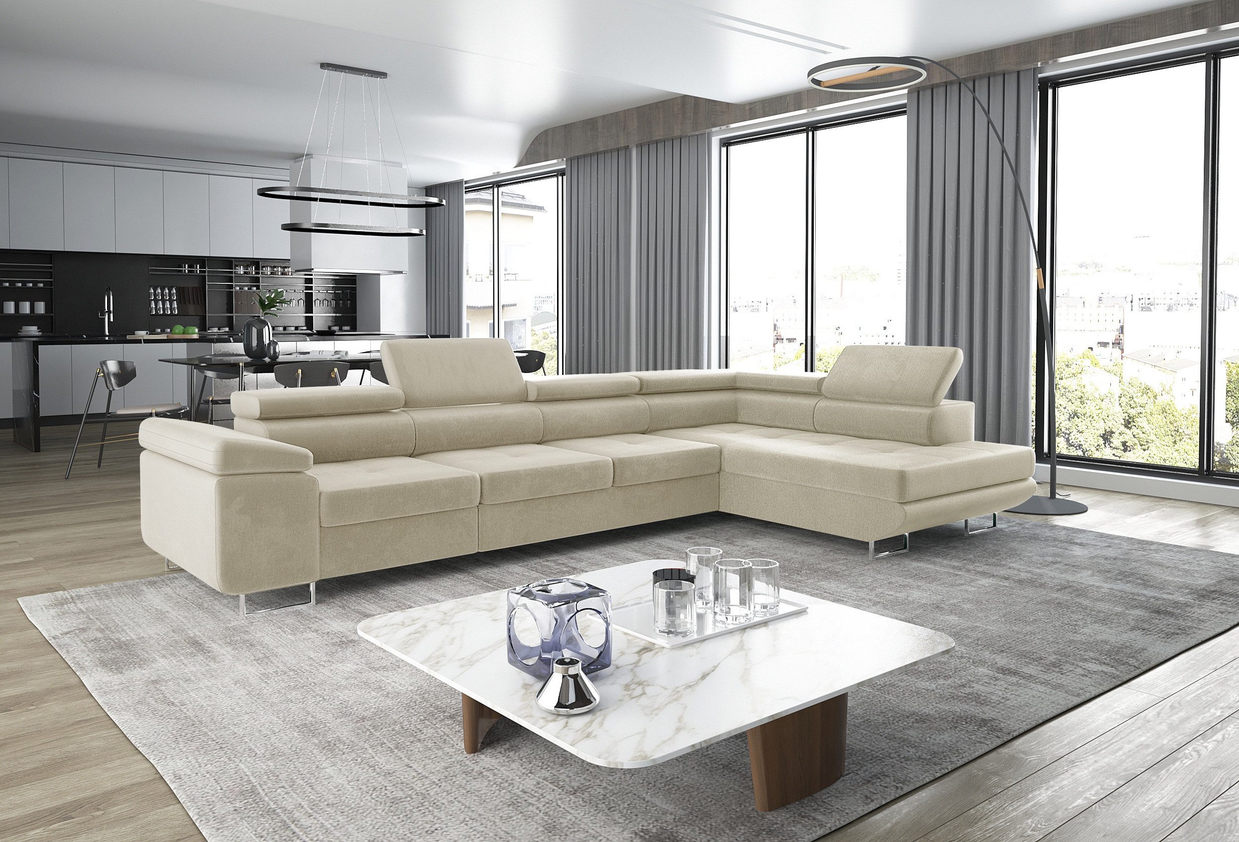 thematys Ecksofa ASTON LONG 355 x 204cm mit Schlaffunktion & Bettkasten – L-Sofa, mit 4 verstellbaren Kopfstützen, Cord (Poso) oder Samt (Monolith), - XXL Wohnlandschaft im modernen Design