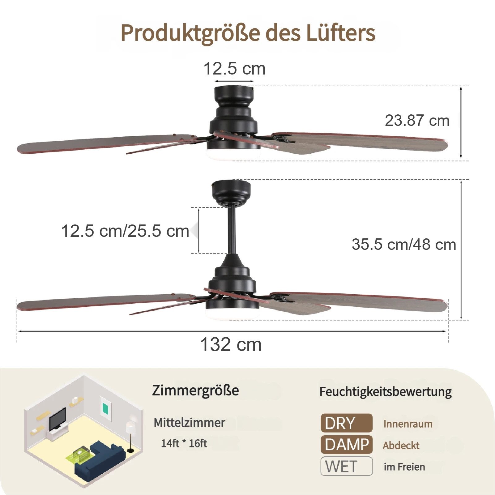 Sofucor Deckenventilator mit Licht und Fernbedienung, DC, 132 cm, 5 ABS-Flügel