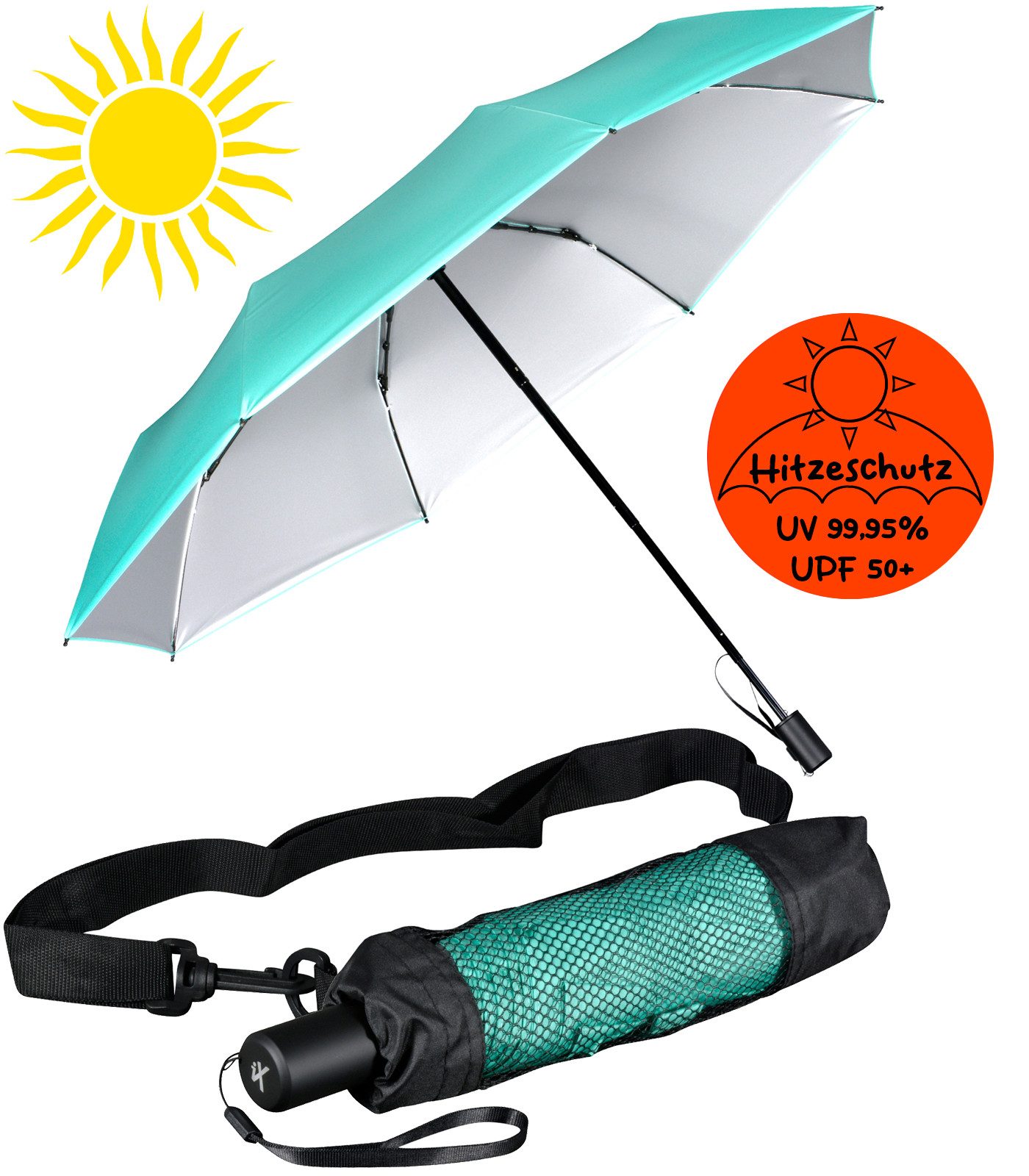 Taschenregenschirm Sonnen-Regenschirm mit UPF 50+, UV-Hitze-Schutz