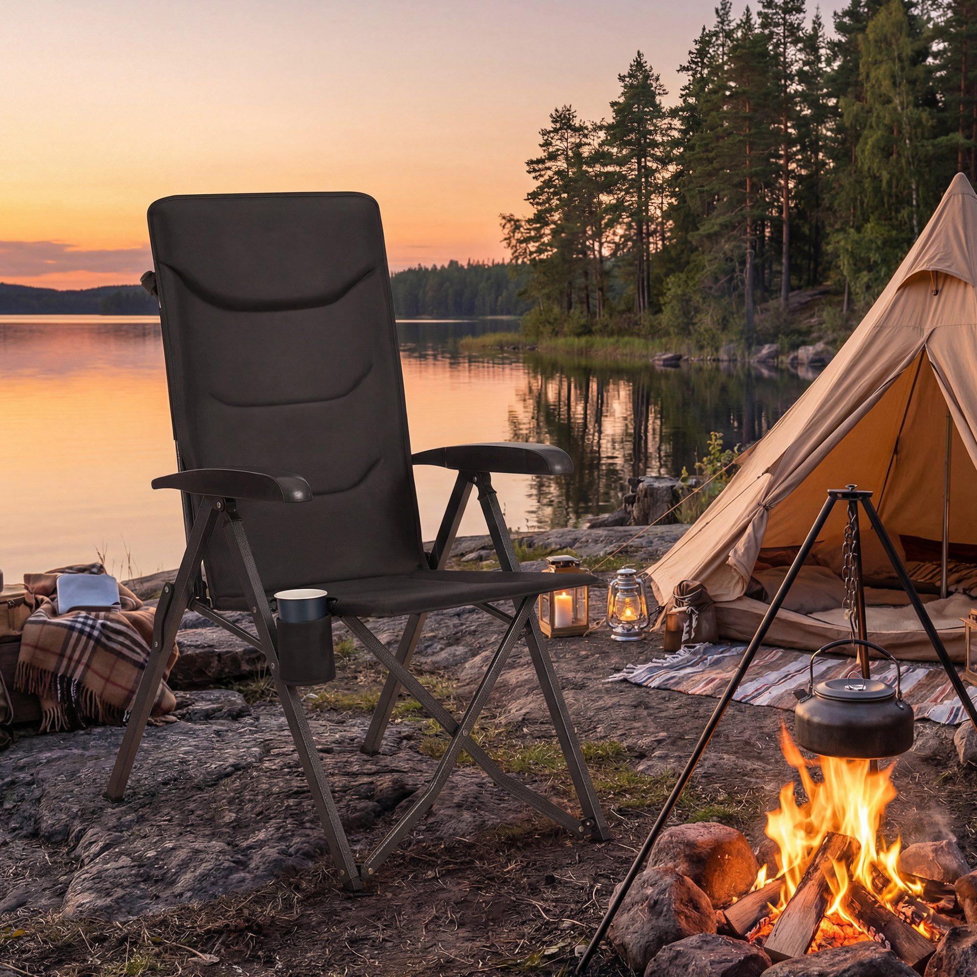 SONGMICS Campingstuhl 90°-150° verstellbare Rückenlehne, 70 x 60 x 110 cm, belastbar bis 150Kg, mit Getränkehalter/Tragetasche