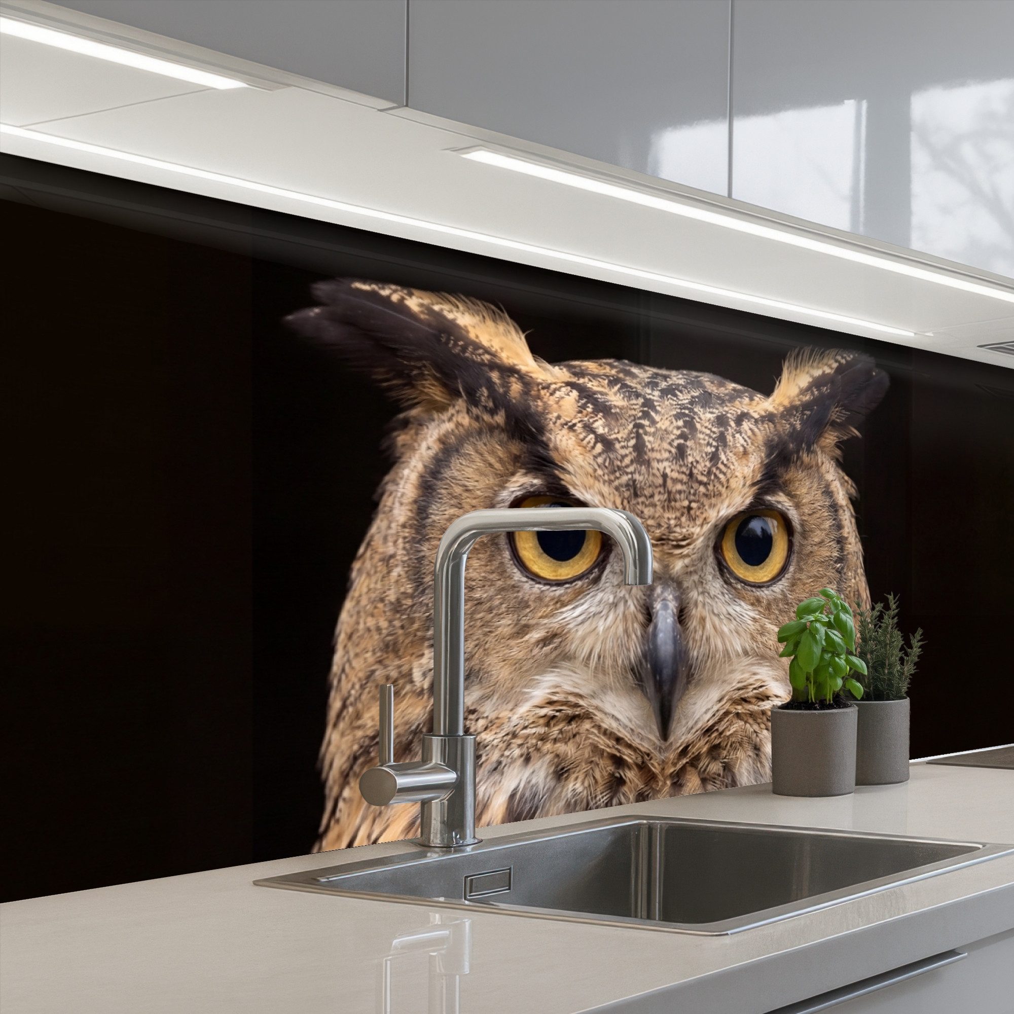 KitchenYeah Küchenrückwand selbstklebend (keine Folie) Eule - Porträt - Braun, (1-tlg), Spritzschutz, Küche, Rückwand, Küchenwand, Ohne Bohren, 250x80 cm