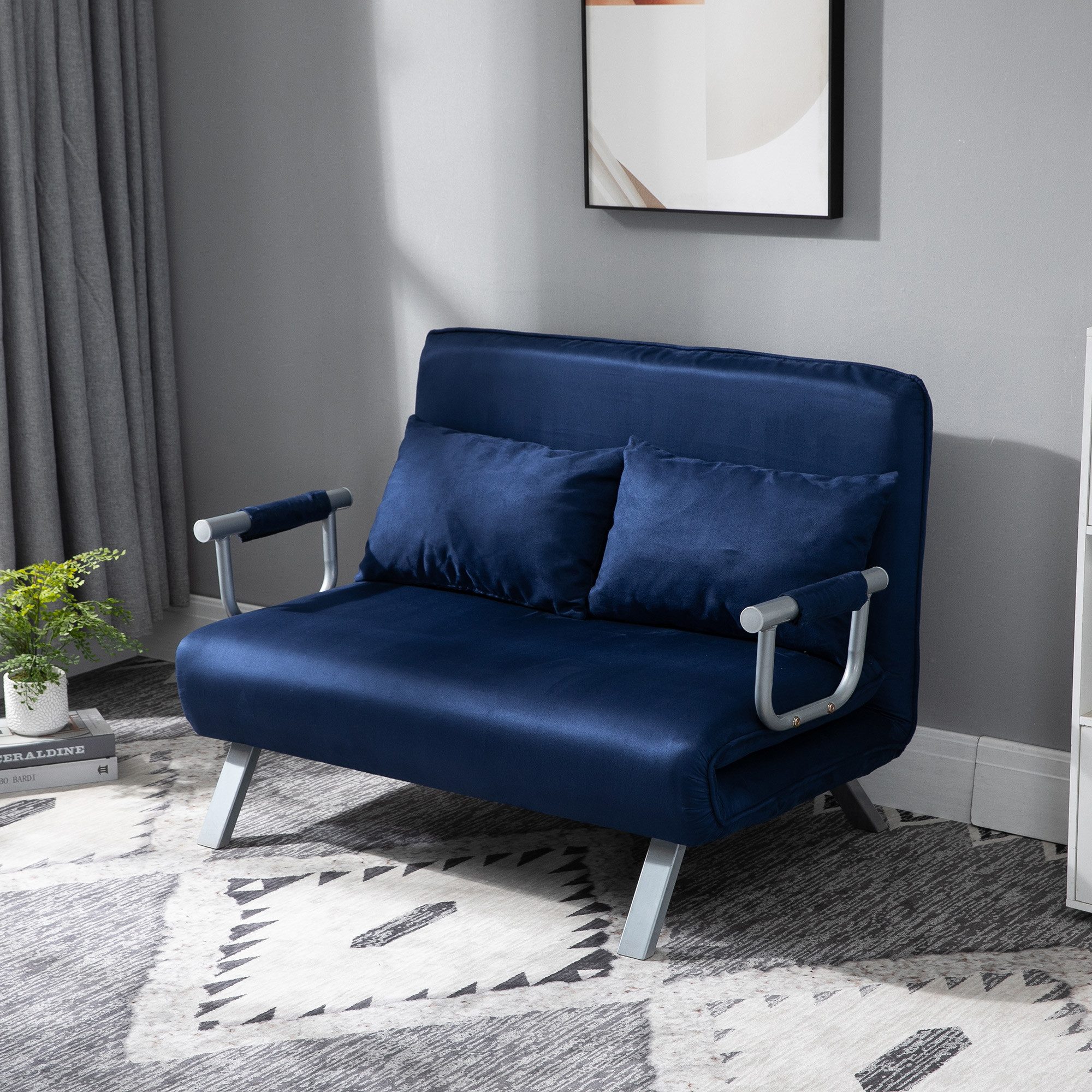 HOMCOM Schlafsofa 3 in 1 Schlafsessel, klappbar, mit Bettfunktion, Kissen, Blau, Schlafsessel 1 Teile, für Wohnzimmer, Schlafzimmer, Blau