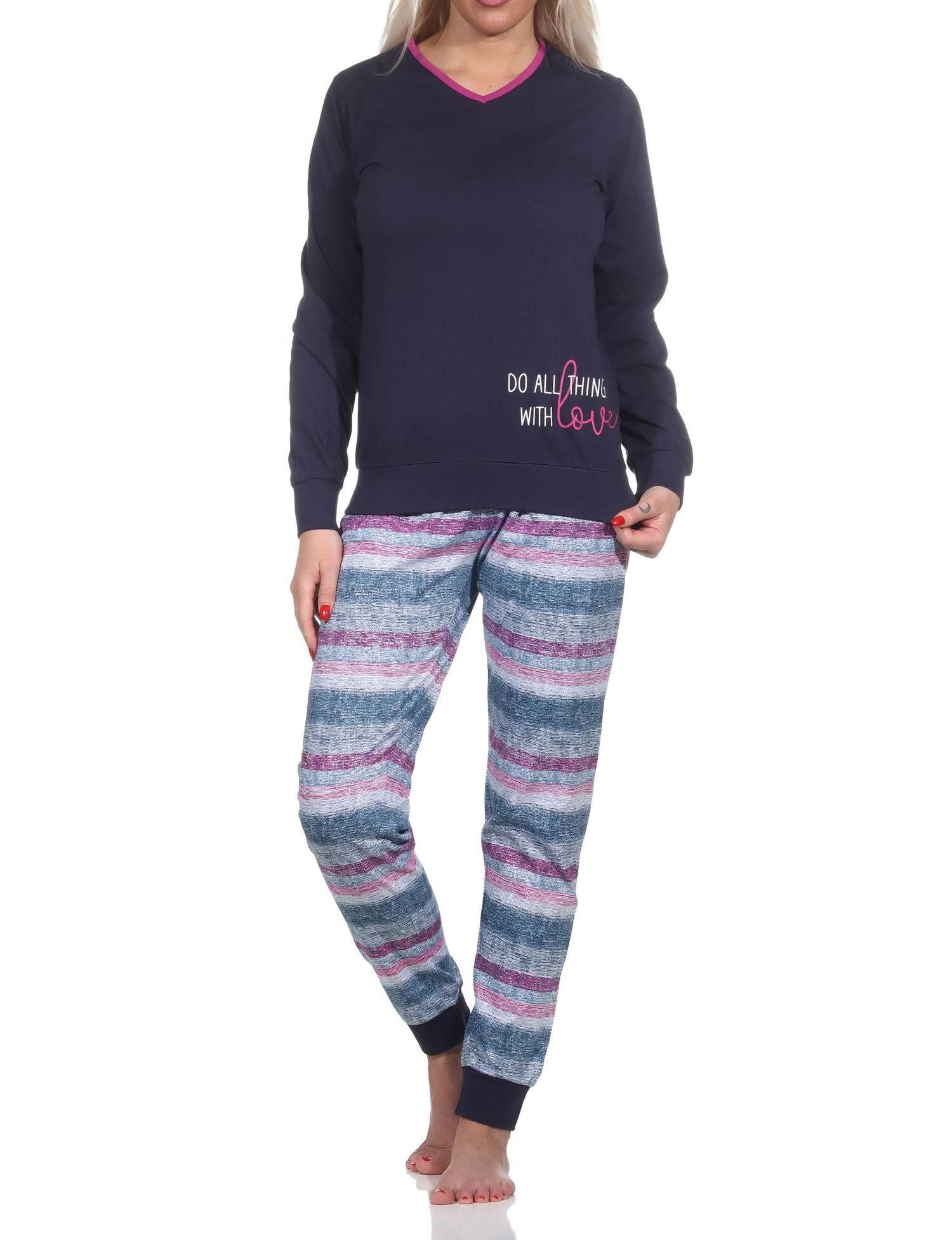 Pyjama Normann Damen Schlafanzug mit Bündchen in wunderschöner Streifenoptik
