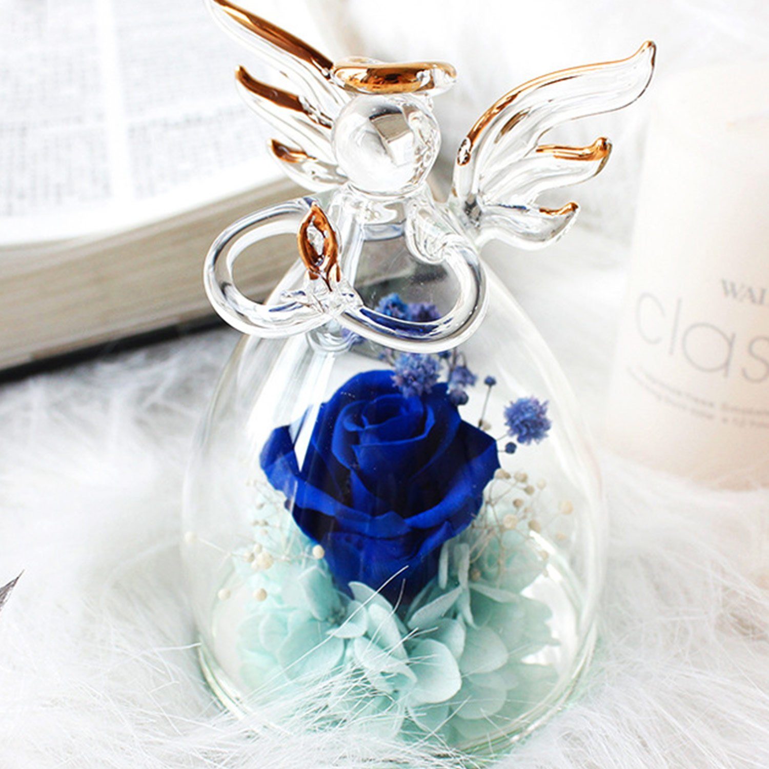 Kunstblume Handgefertigtes Glas ewiger Rosenengel Charakter, MAGICSHE, Geburtstag Valentinstag Frauen Mama Oma Freundin Engel Dekoration blau