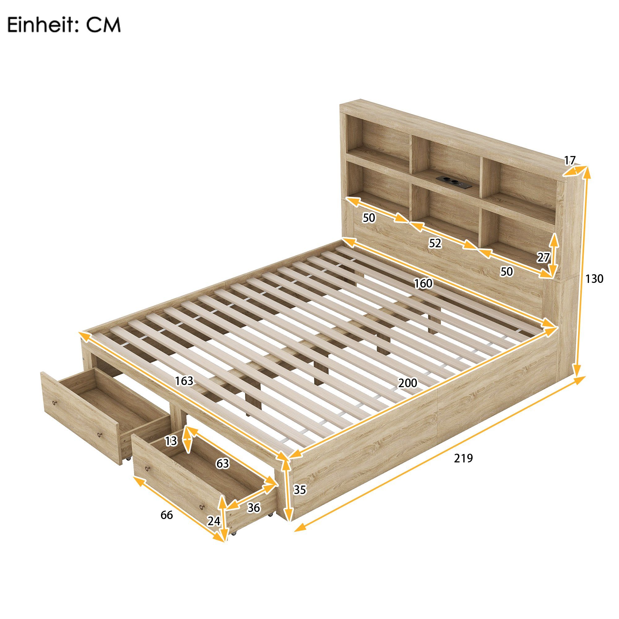 HAUSS SPLOE 160*200cm) Doppelbett Stauraum Bettrahmen zwei Bettes, Fußende mit des Schubladen Funktionsbett Bett am (mit