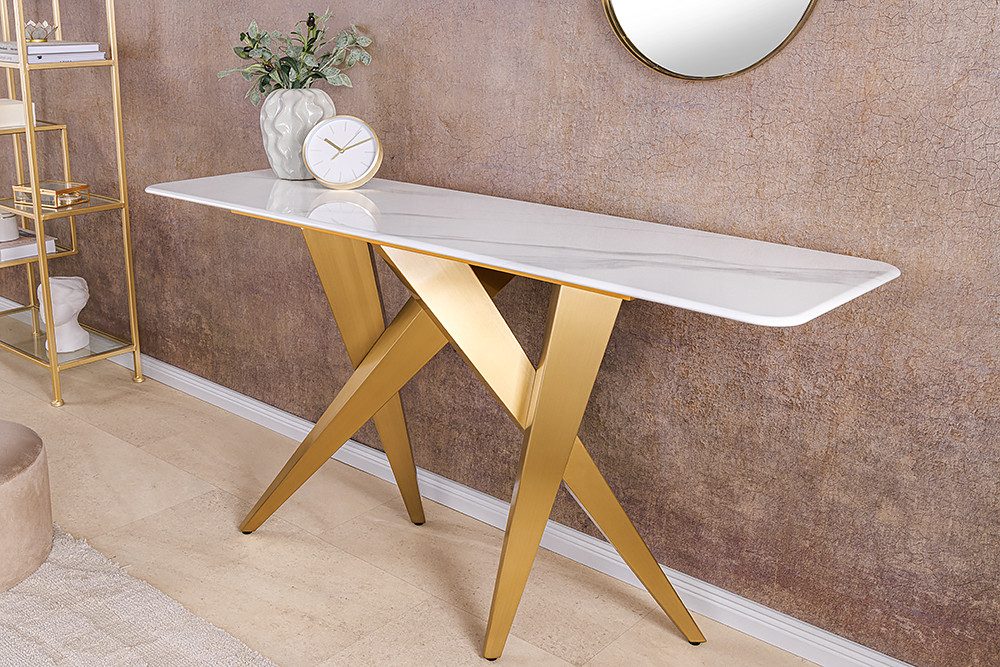 riess-ambiente Konsolentisch ART LIVING 140cm weiß Keramik – champagner gold brushed Metall-Gestell (Einzelartikel, 1-St), Marmor-Optik, für Flur & Wohnbereich geeignet, modernes Design