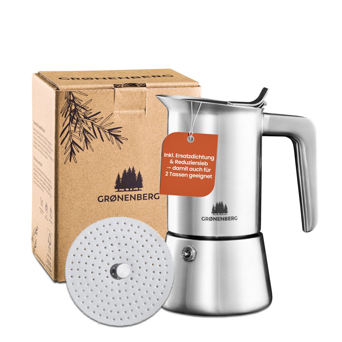 GRØNENBERG Espressokocher Edelstahl, Induktion geeignet, 4 o. 6 Tassen, 0.3l Kaffeekanne, Inkl. Ersatzdichtung & Reduziersieb, Espressokanne Aluminiumfrei & unbeschichtet