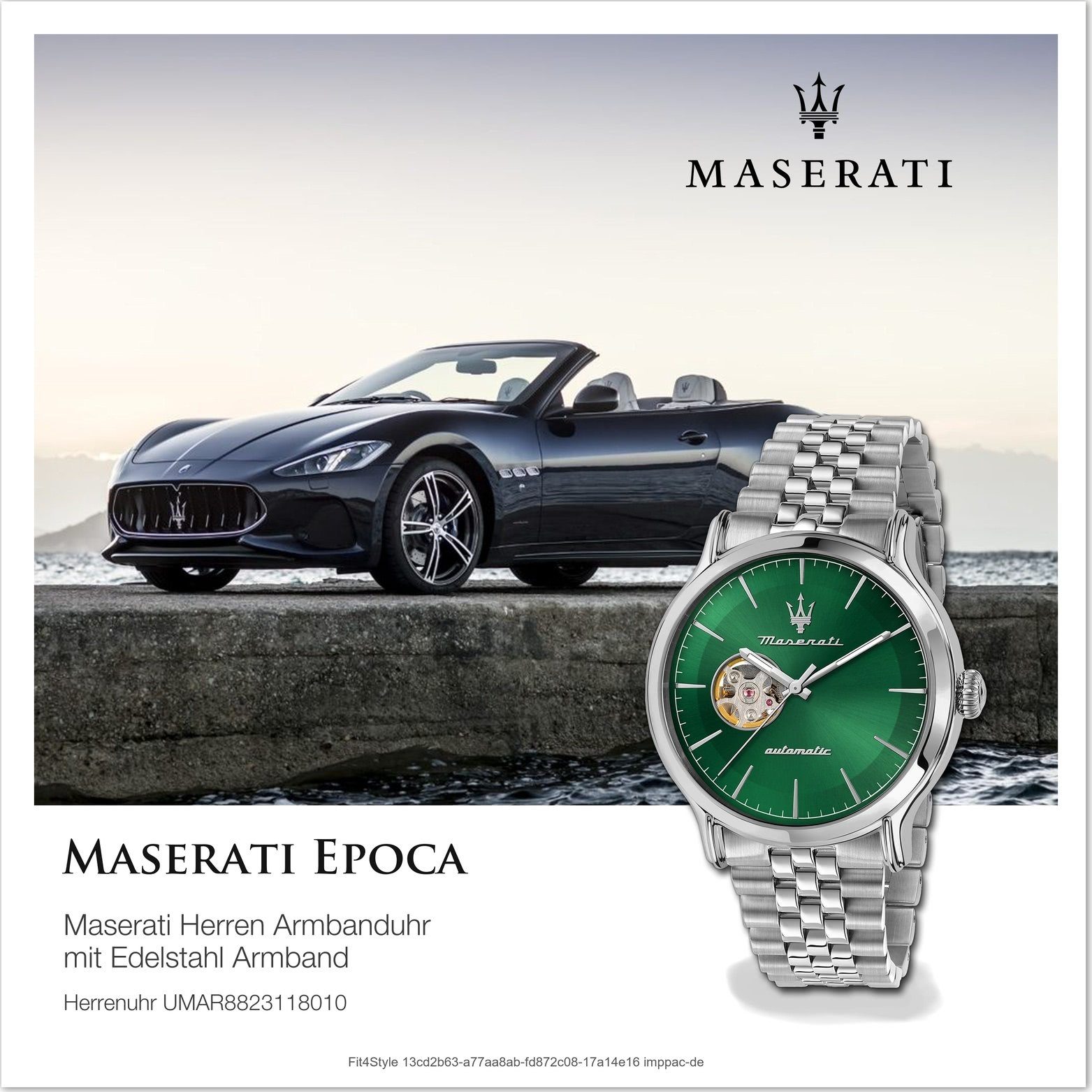 MASERATI Quarzuhr Maserati Herren Epoca, grün Gehäuse, rundes Armbanduhr Herrenuhr grau, (ca. groß 42mm) Edelstahlarmband