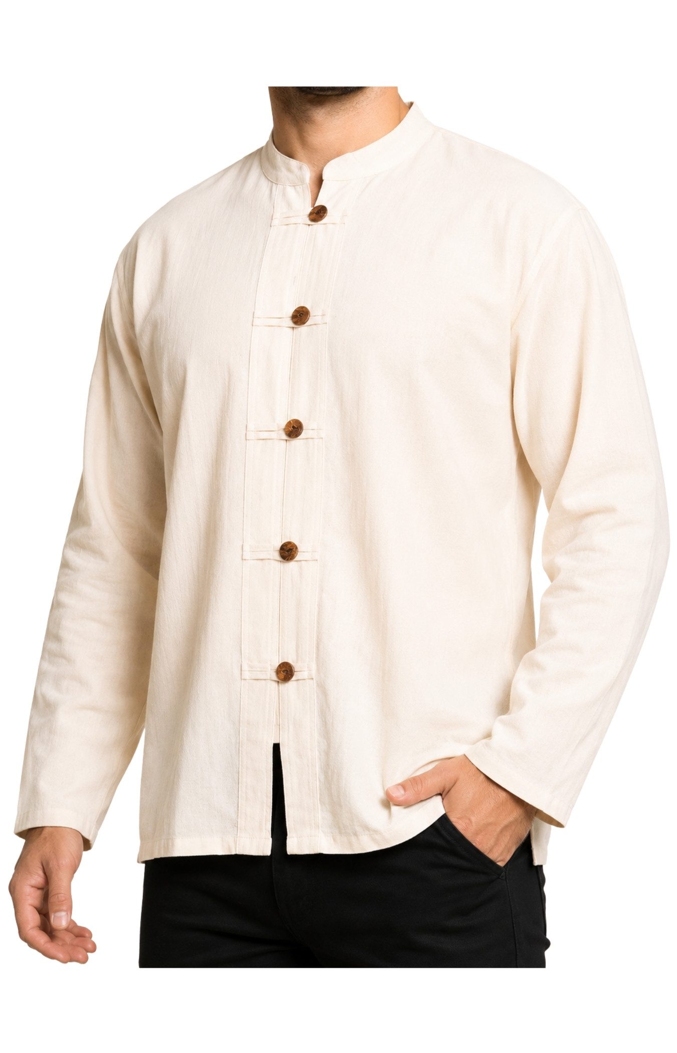PANASIAM Langarmhemd Fischerhemd Herren - Fisherman Shirt aus 100% Baumwolle ohne Kragen leichtes Sommerhemd mit Holzknöpfen - Langarmhemd auch Mittelalterhemd
