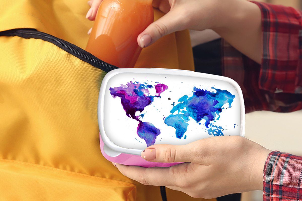 MuchoWow Lunchbox Weltkarte - Aquarell Snackbox, - Kinder Kunststoff, Jungen Erwachsene, Lila für Mädchen, Brotbox - Brotdose Mädchen, - (2-tlg), Kinder, rosa - Kunststoff