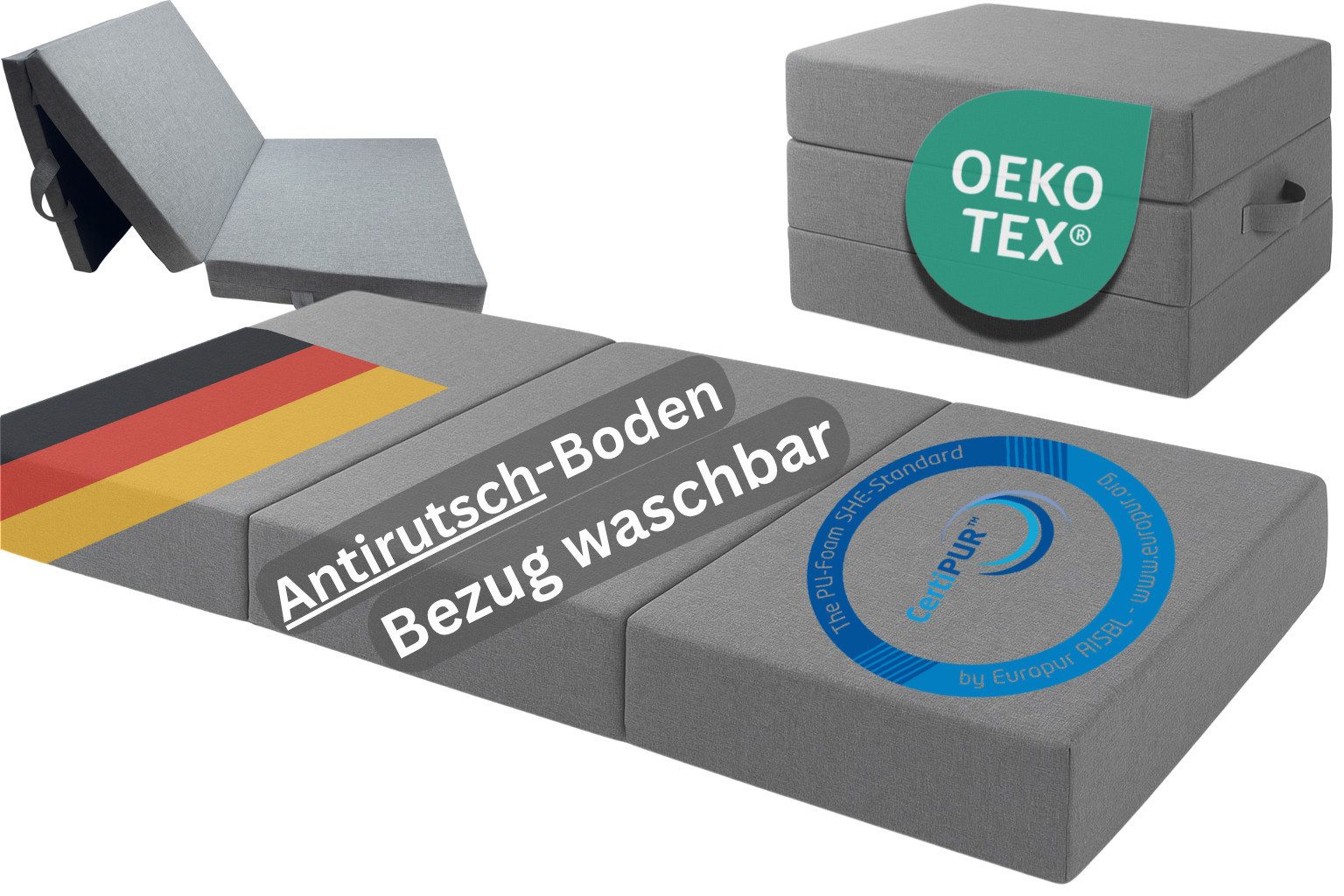 Klappmatratze Premium – 15cm dick, 4cm Visco-Schicht, ideal als Gästematratze, TexDeko, 15 cm hoch, (200 cm x (nach Wahl) x 15 cm), UV-Beständig, wasserabweisend, waschbarer Bezug, Anti-Rutsch-Boden