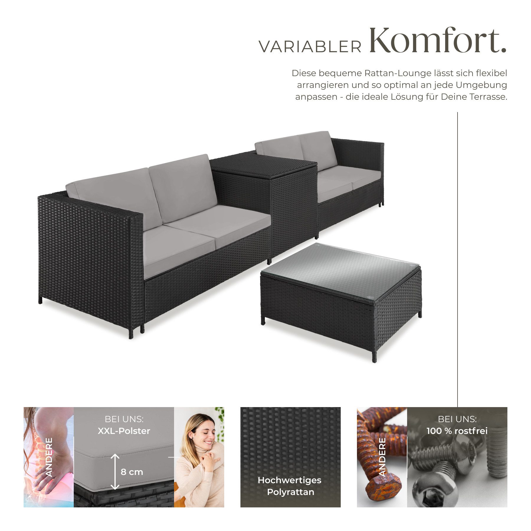 tectake Loungeset Rattan Sitzgruppe inkl. großer Aufbewahrungsbox, für 4 Personen, (Gartenlounge-set Siena, 5-tlg., geeignet für Outdoor in Schwarz/Grau), widerstandsfähig und UV-beständig, Dicke der Sitzpolster 8 cm