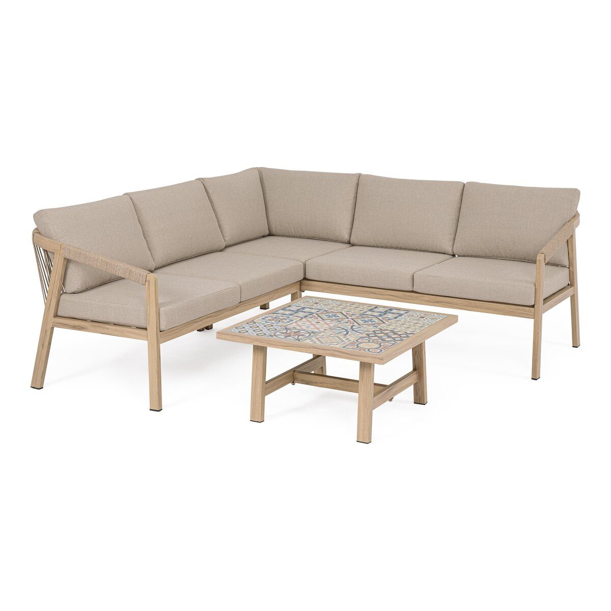 Feeling4Home Gartensofa Kalimera - Aluminium Desert Sand, Olefin Taupe, inkl. Couchtisch, Couchtisch mit emaillierten Porzellanfliesen aus Spanien (73x73x38 cm)