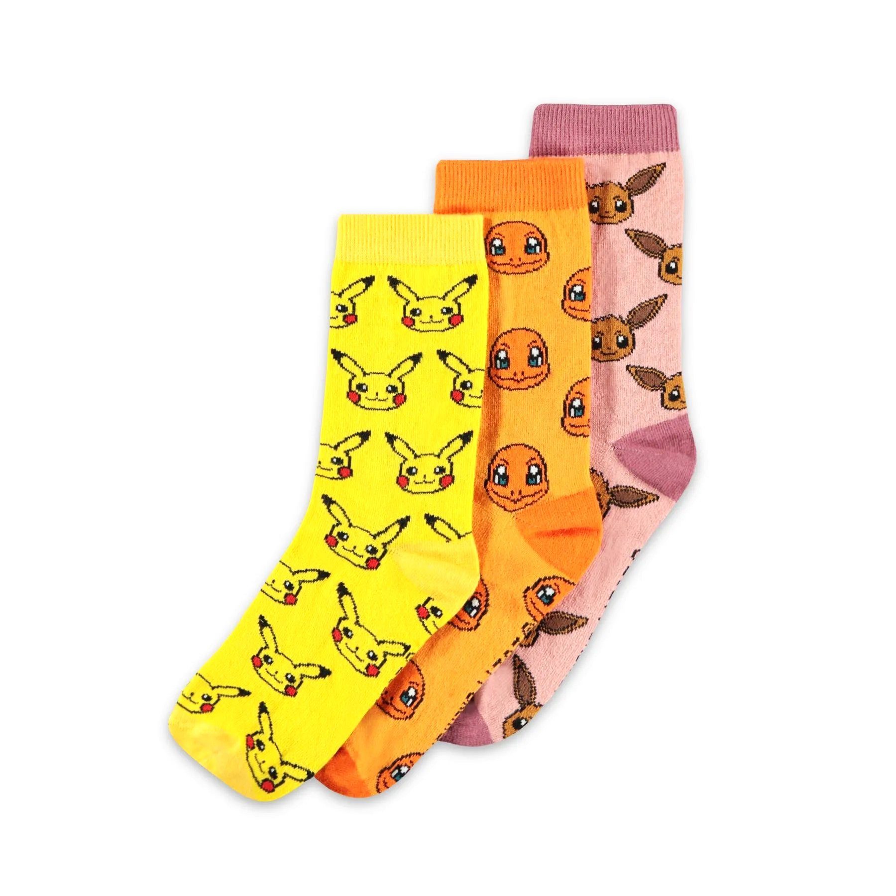 DIFUZED Kostüm Pokémon – Pikachu/Glumanda/Evoli Socken 3er-Pack, Drei Paar Socken mit beliebten Pokémon im Geschenkkarton