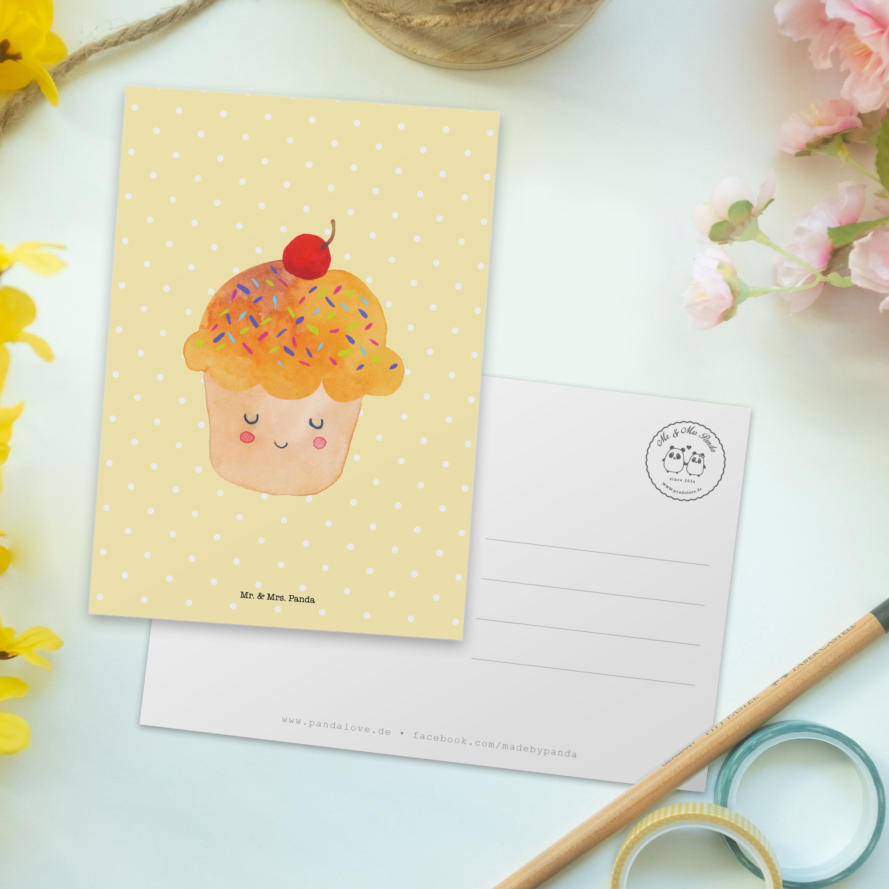 Gelb Pastell Mrs. - M Mr. & Einladung, - Postkarte Geschenk, Tiere, Panda Karte, Muffin, Cupcake