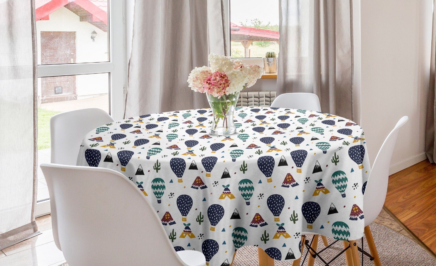 Abakuhaus Tischdecke Kreis Tischdecke Abdeckung für Esszimmer Küche Dekoration, Reise Heißluft-Ballone Zigzags