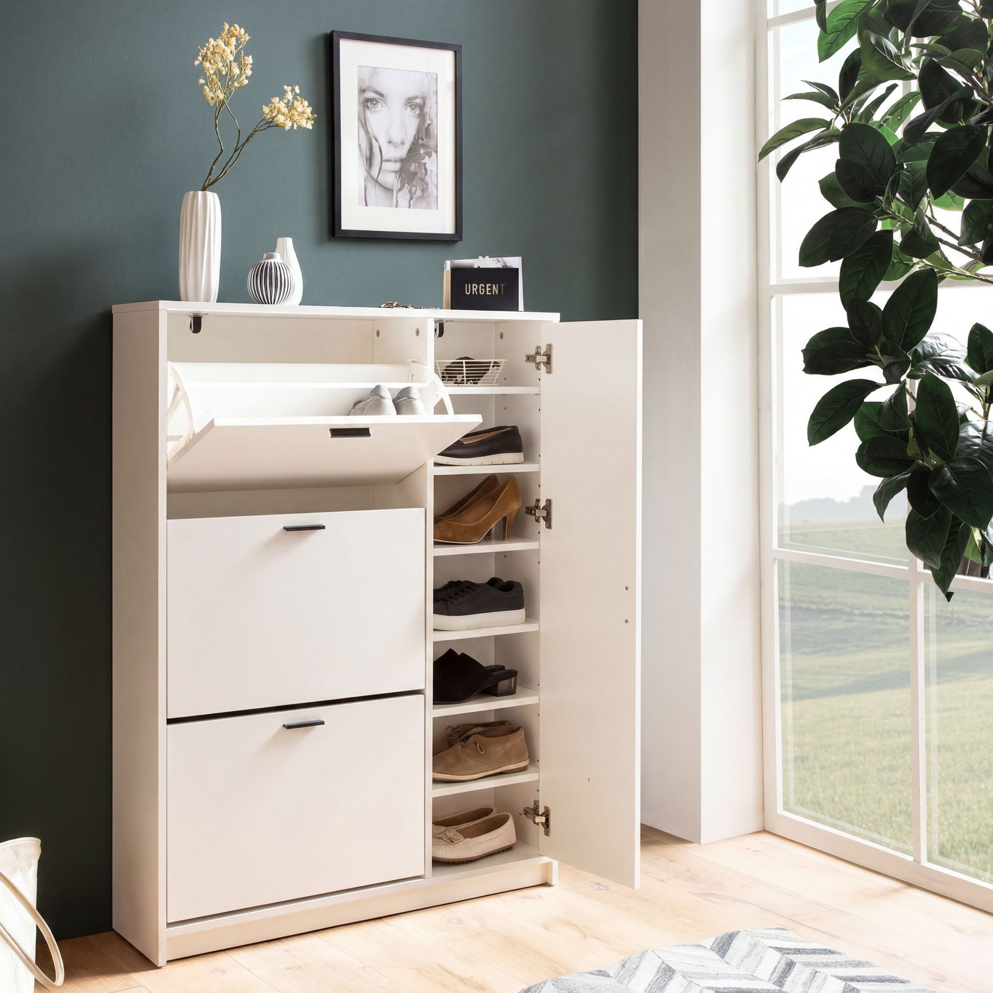 FINEBUY Schuhschrank FB102880 Schuhkipper Garderobe Weiß Schuhkommode Flurschrank (Flurkommode, Schuhregal Flurschrank mit Ablage) Schuhkipper Weiß 90x120x24 cm Geschlossen