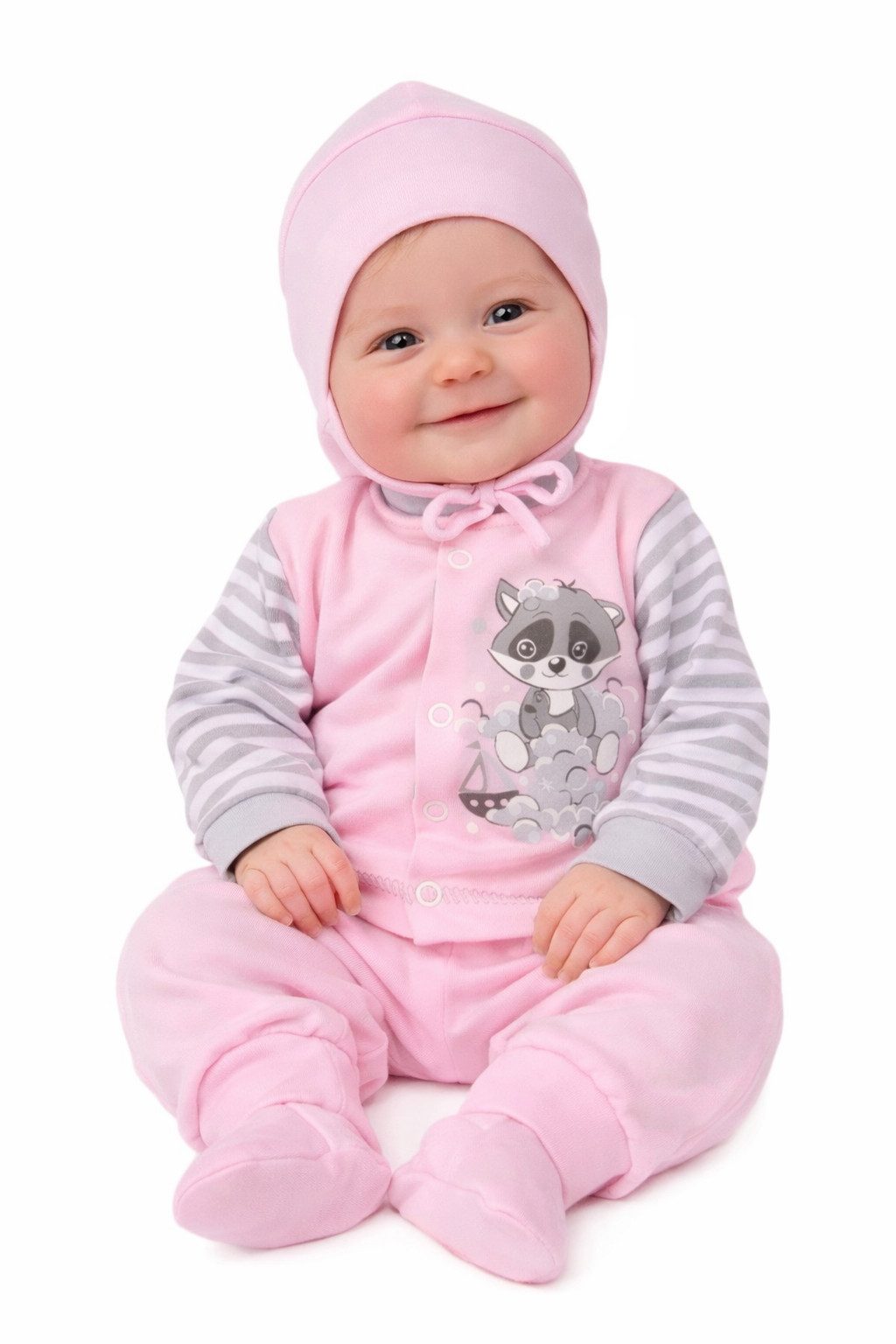 La Bortini Anzug 3-teilig Baby Anzug Hose Hemdchen Mütze in Rosa gestreift mit Waschbär aus reiner Baumwolle, 44 50 56 62 68 74 80