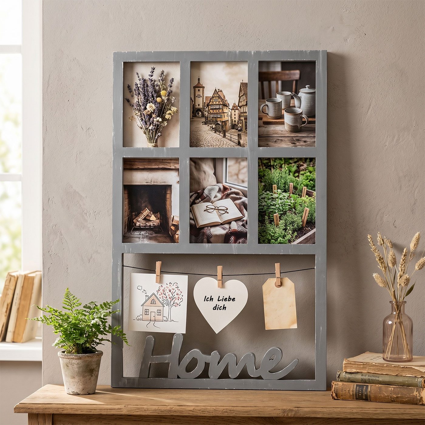 Levandeo® Bilderrahmen Collage, Bilderrahmen H56cm 6 Fotos Grau Home Klammern Shabby Chic Fotorahmen
