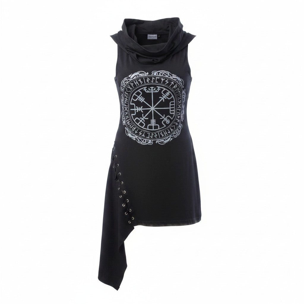 Dark-Desires Minikleid Viking Damen Runen Kleid mit in schwarz Asymetrisch Gothic Minikleid (Einzelartikel)