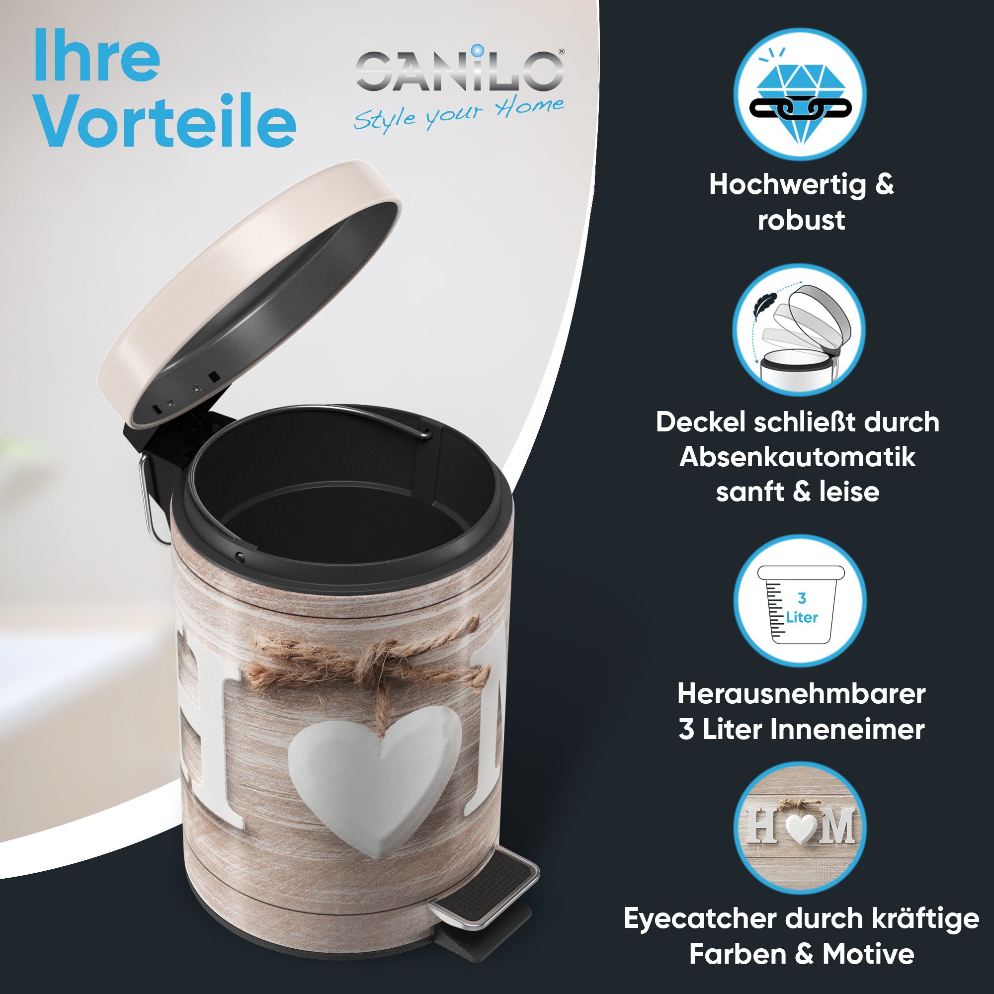 Sanilo Kosmetikeimer mit Motiv, viele schöne Bad Mülleimer zur Auswahl, 3 Liter, Abfalleimer mit Absenkautomatik & Innenbehälter