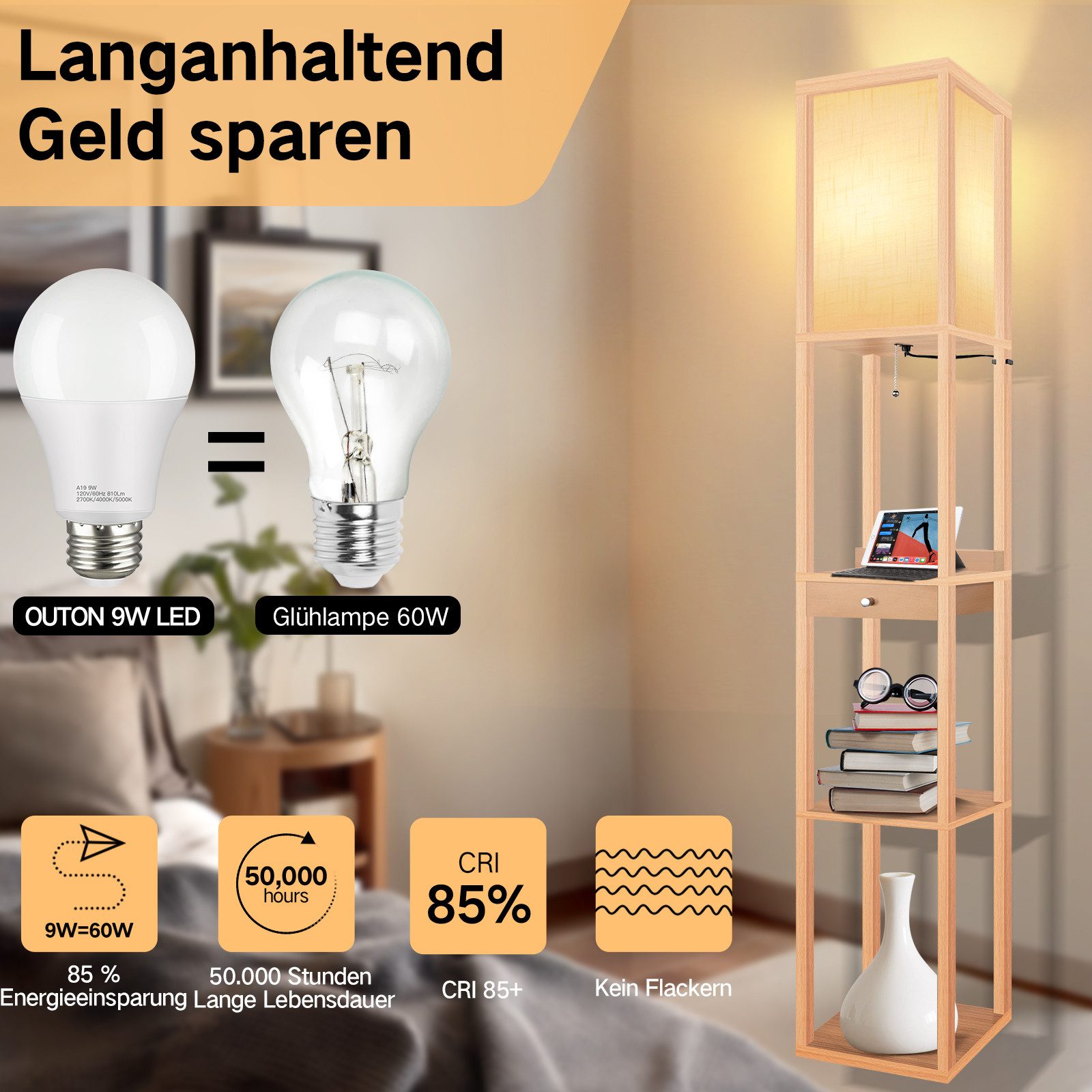OUTON LED Stehlampe LED-Stehleuchte, Regal mit Schublade, mit 1 USB-A und 1 USB-C, LED wechselbar, 3-fach dimmbare LED, leichter Aufbau
