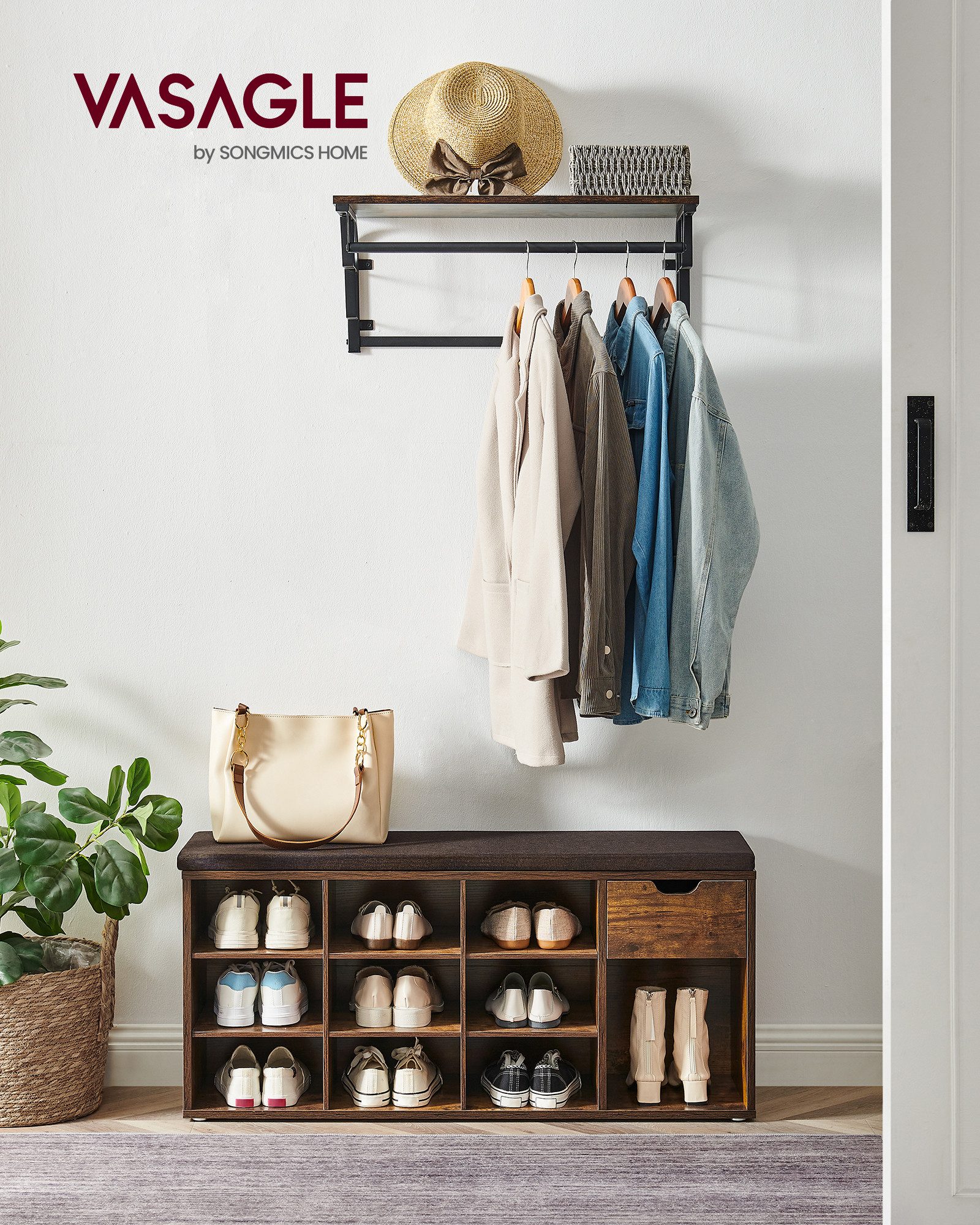 VASAGLE Schuhbank Schuhregal, Flur, Schlafzimmer und Eingangsbereich, 30 x 104 x 48 cm, 1 Schublade, 10 offene Fächern, Sitzbank, gepolsterter Sitz, vintage