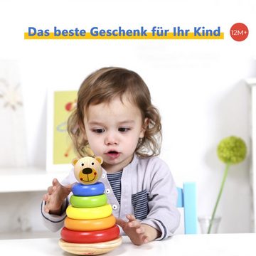 Tooky Toy Lernspielzeug Bär Wackelturm (Set, Regenbogen-Stapelbausteine), Stapelspielzeug Holzspielzeug Balancierspiel aus Holz