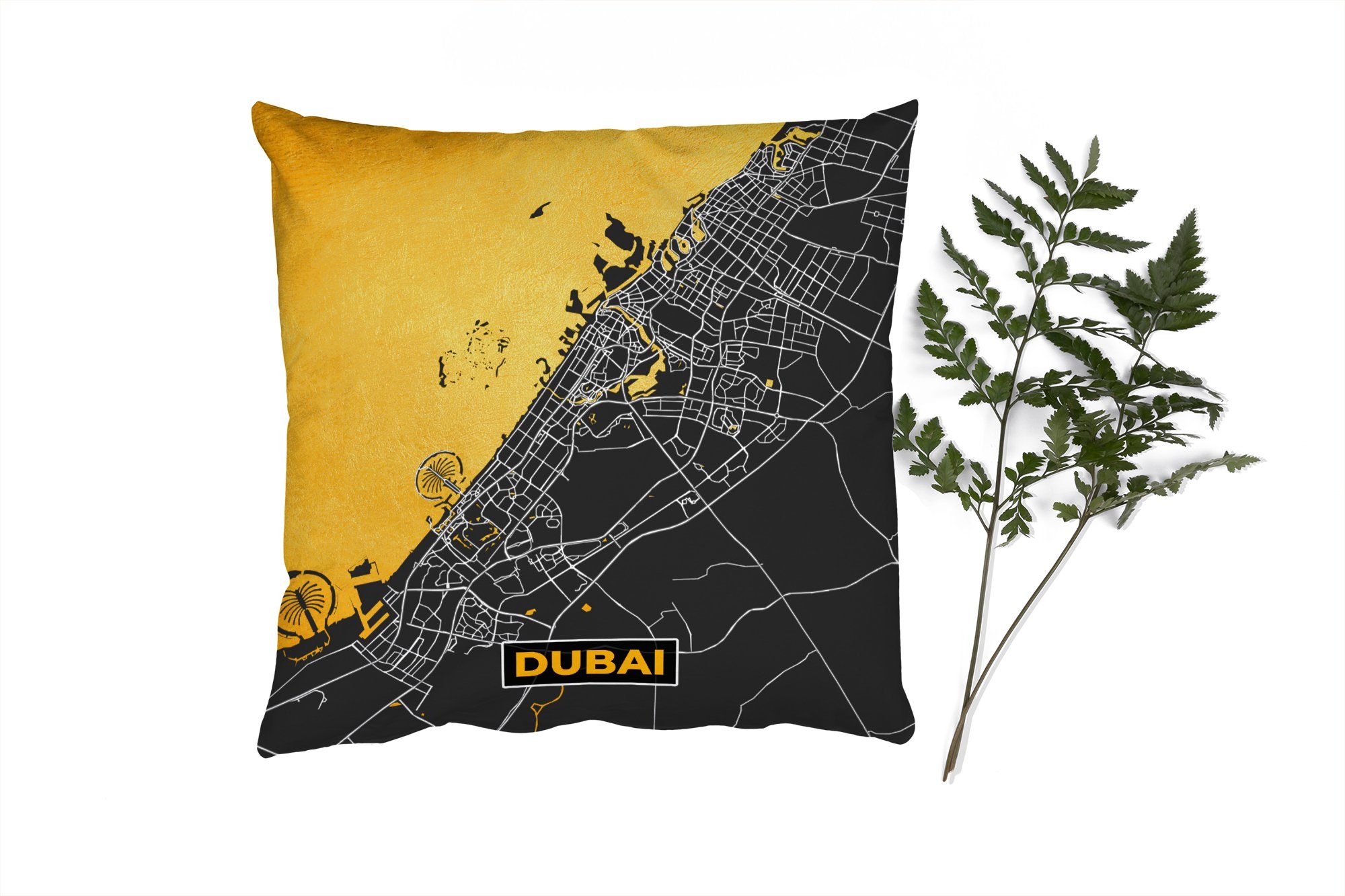 MuchoWow Dekokissen Dubai - Gold - Stadtplan - Karte, Zierkissen mit Füllung für Wohzimmer, Schlafzimmer, Deko, Sofakissen
