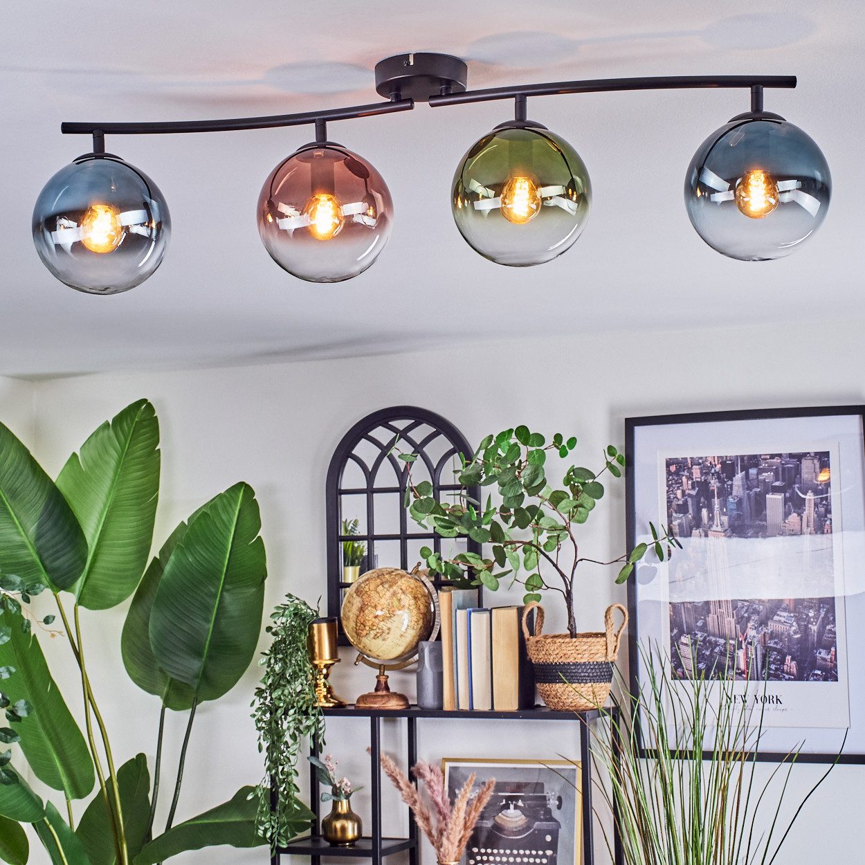 hofstein Deckenleuchte Deckenlampe aus Metall/Glas in Schwarz/Blau/Grün/Kupferfarben/Klar, ohne Leuchtmittel, Deckenleuchte im modernen Vintage-Design (Schirme Ø 15 cm), 4 x E14