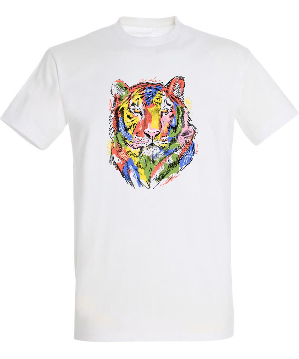 T-Shirt Herren Print Shirt - Farbenfroher Tigerkopf Brustprint