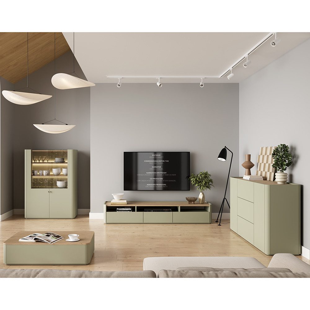 Lomadox Wohnzimmer-Set ELOY-141, (Mega-Spar-Set, 4-St., Kommode Couchtisch Lowboard Vitrinenschrank), Grün Eiche Dekor grifflos modern Softclose LED Beleuchtung