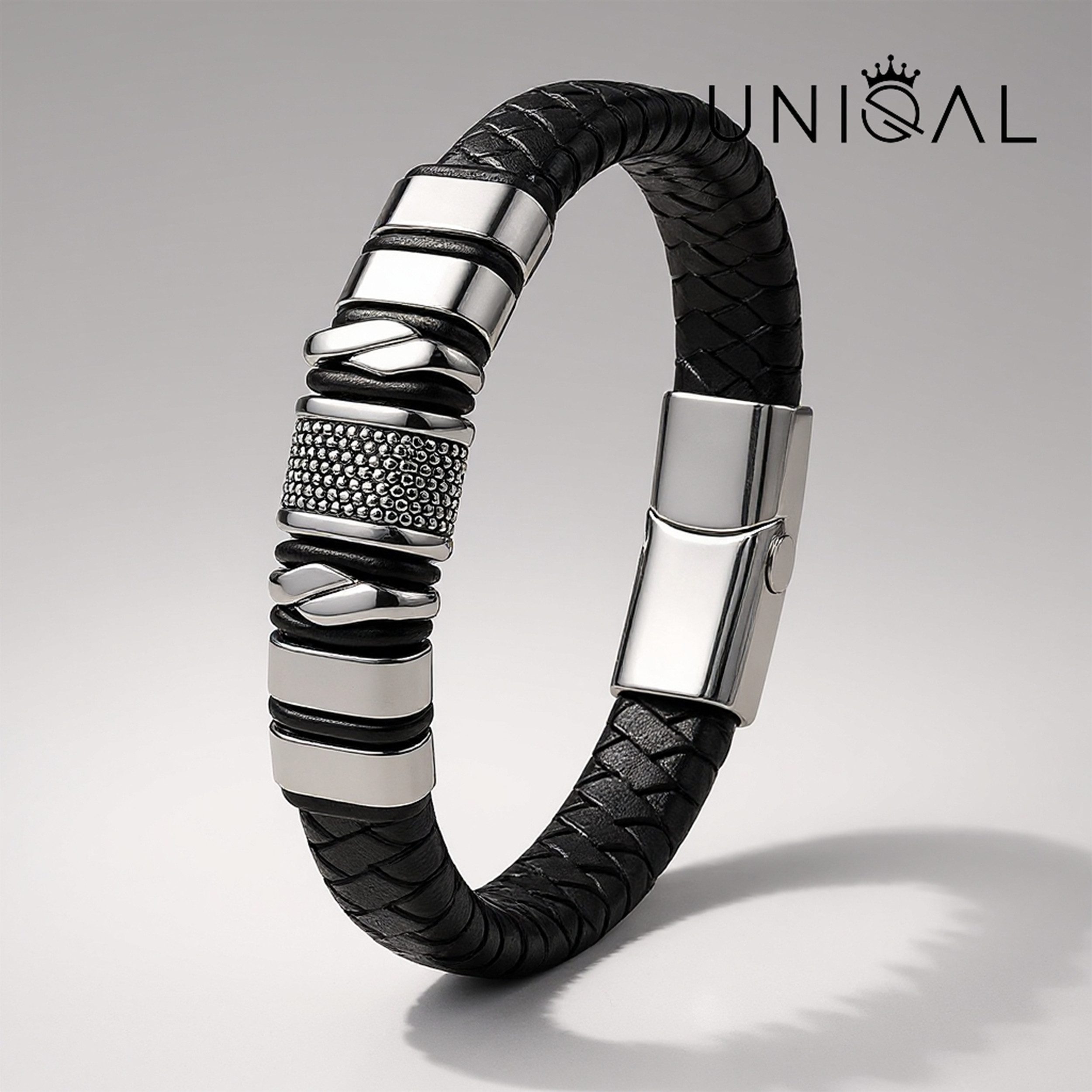 UNIQAL.de Lederarmband „MAMBA“ – Maskulines Design in Schwarz & Silber (Echtleder, Edelsthal, Magnetverschluss mit Verlängerungsglied, perfektes Geschenk, Bewährte UNIQAL Qualität), Designed in Germany