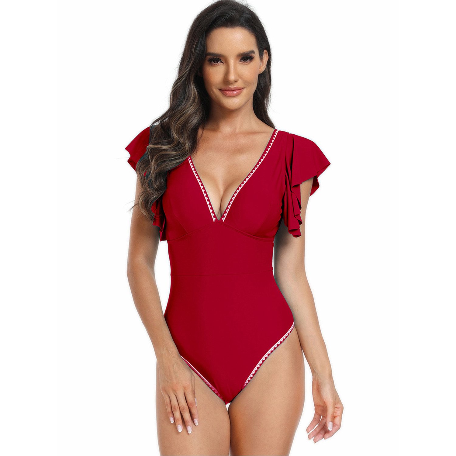 REFTTENW Badeanzug Schlank V Ausschnitt Einteilige Bademode mit Cups Monokini mit Volant mehr