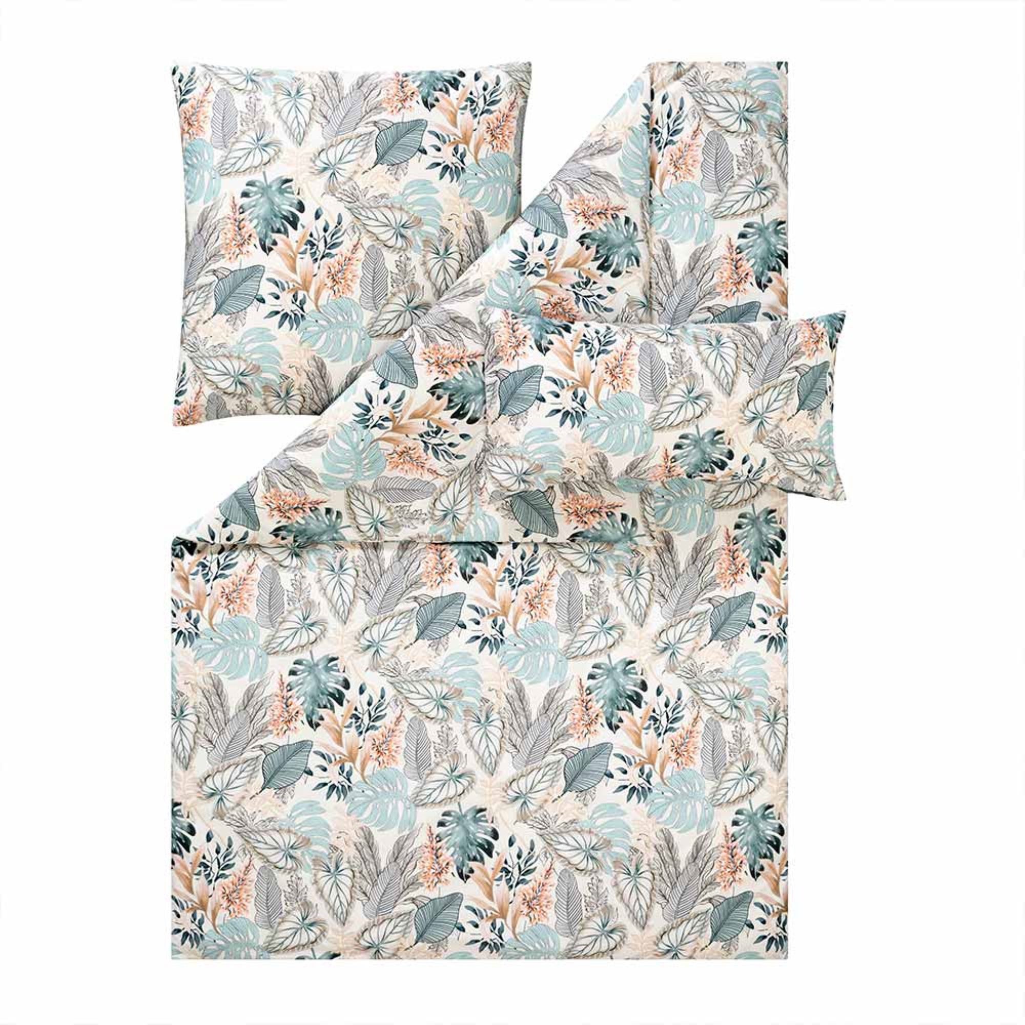 Estella Bettwäsche Estella Mako-Satin Bettwäsche 135x200 Liane azur beige Blätter 7672-64, Mako-Satin, 2 teilig, für Sommer und Winter