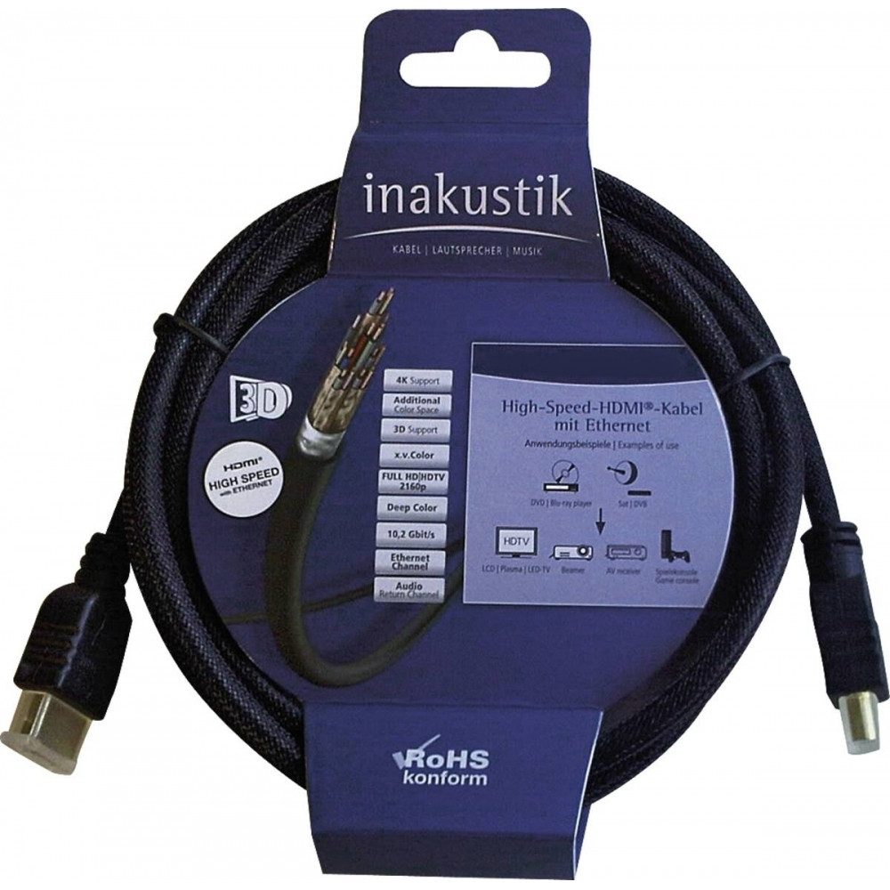 Inakustik Inakustik HDMI Kabel 3,0 m - High Speed HDMI Kabel Audio-Kabel, HDMI Standard-Stecker, HDMI 1.4 Standard Männlich, Flexibel und Knickschutzsicher