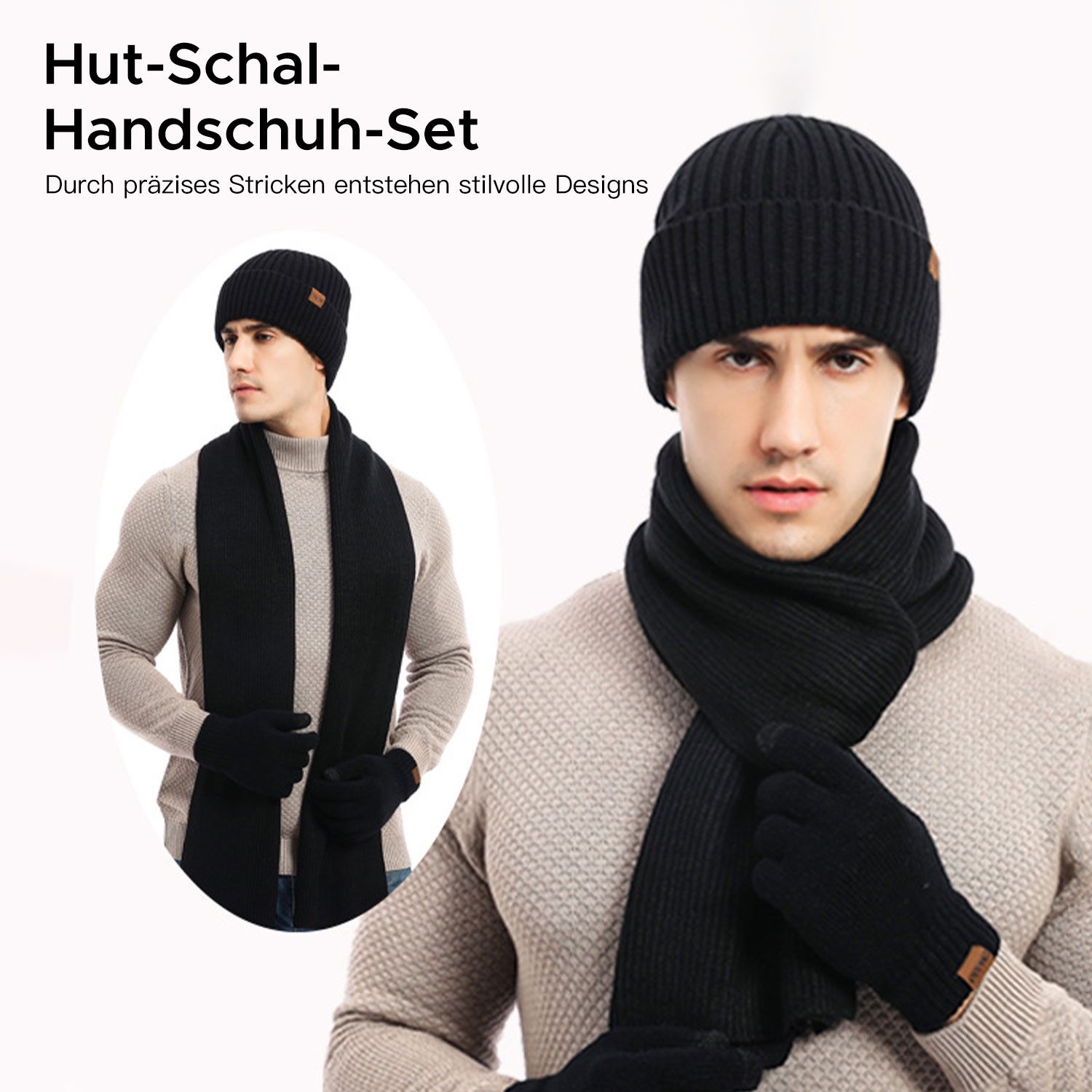 Refttenw Mütze & Schal 3 in 1 Mütze Schal Handschuh Set Für Herren Damen Weiche Warme Gestrickt Winter Strickmütze, Schal & Handschuh-Sets