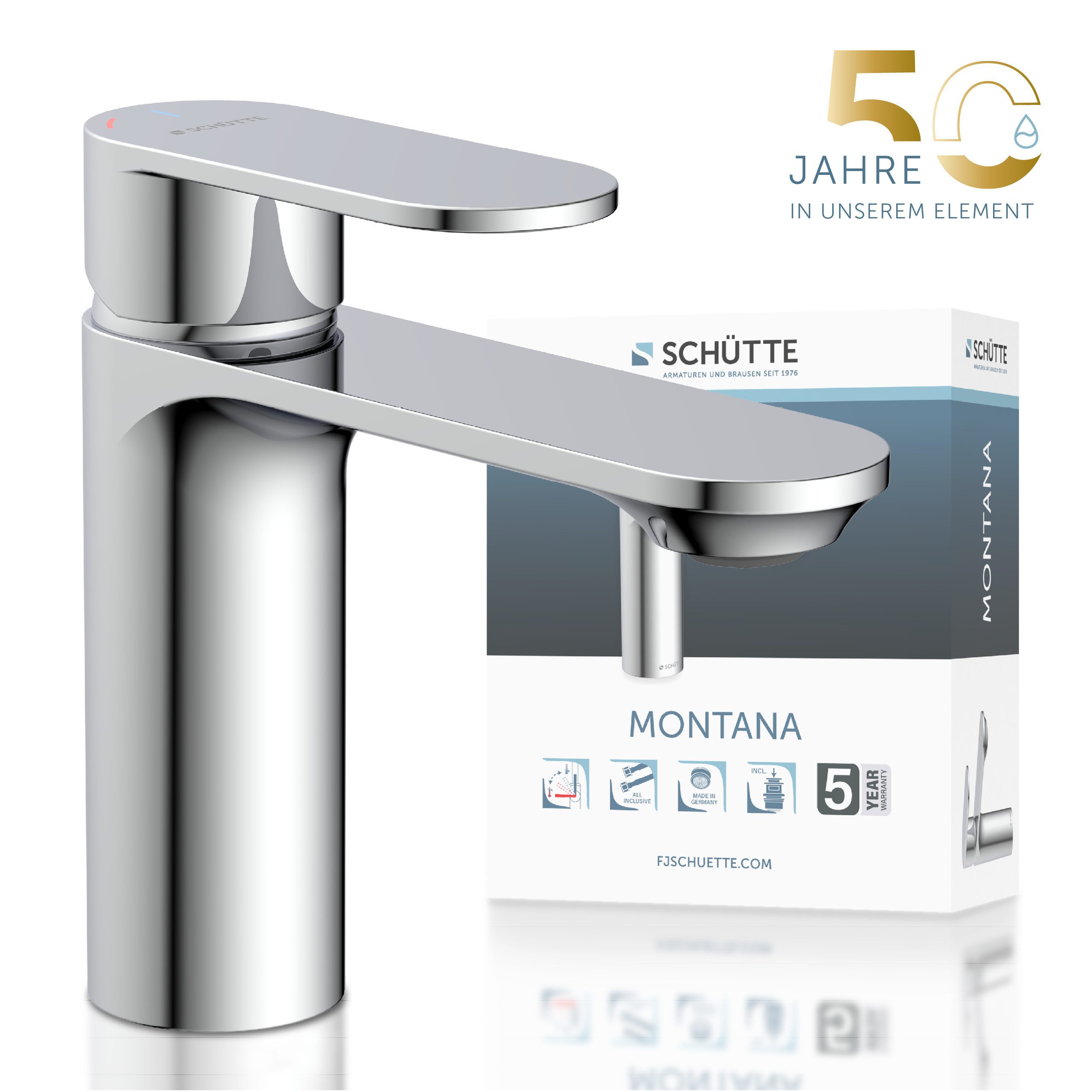 Schütte Waschtischarmatur MONTANA Wasserhahn Ablaufgarnitur Exzenter Energiesparende Cold-Start-Funktion