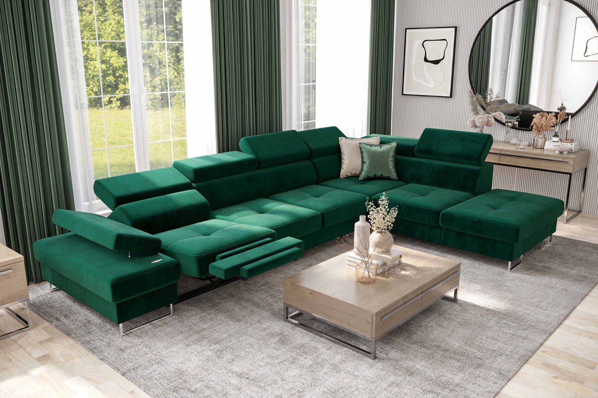 Möbel für Dich Ecksofa Galaxy Relax, mit Relaxfunktion, mit Bettkasten, mit Schlaffunktion, mit Farbauswahl Veloursstoff Monolith 37 grün