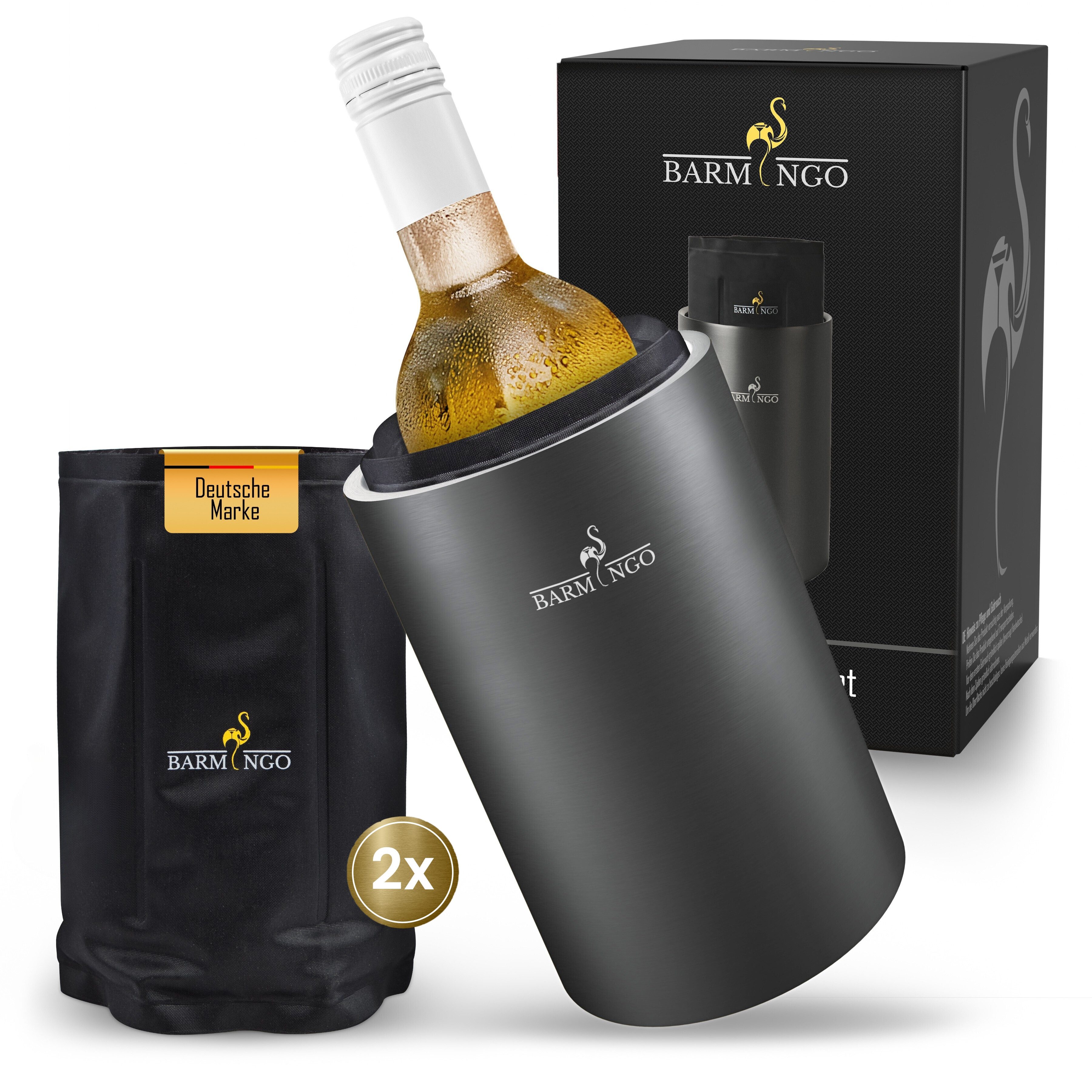 BARMINGO Wein- und Sektkühler Edelstahl mit 2 Kühlmanschetten, Weinflaschenkühler & Getränkekühler, doppelwandiger Flaschenkühler für Wein, Sekt & Champagner