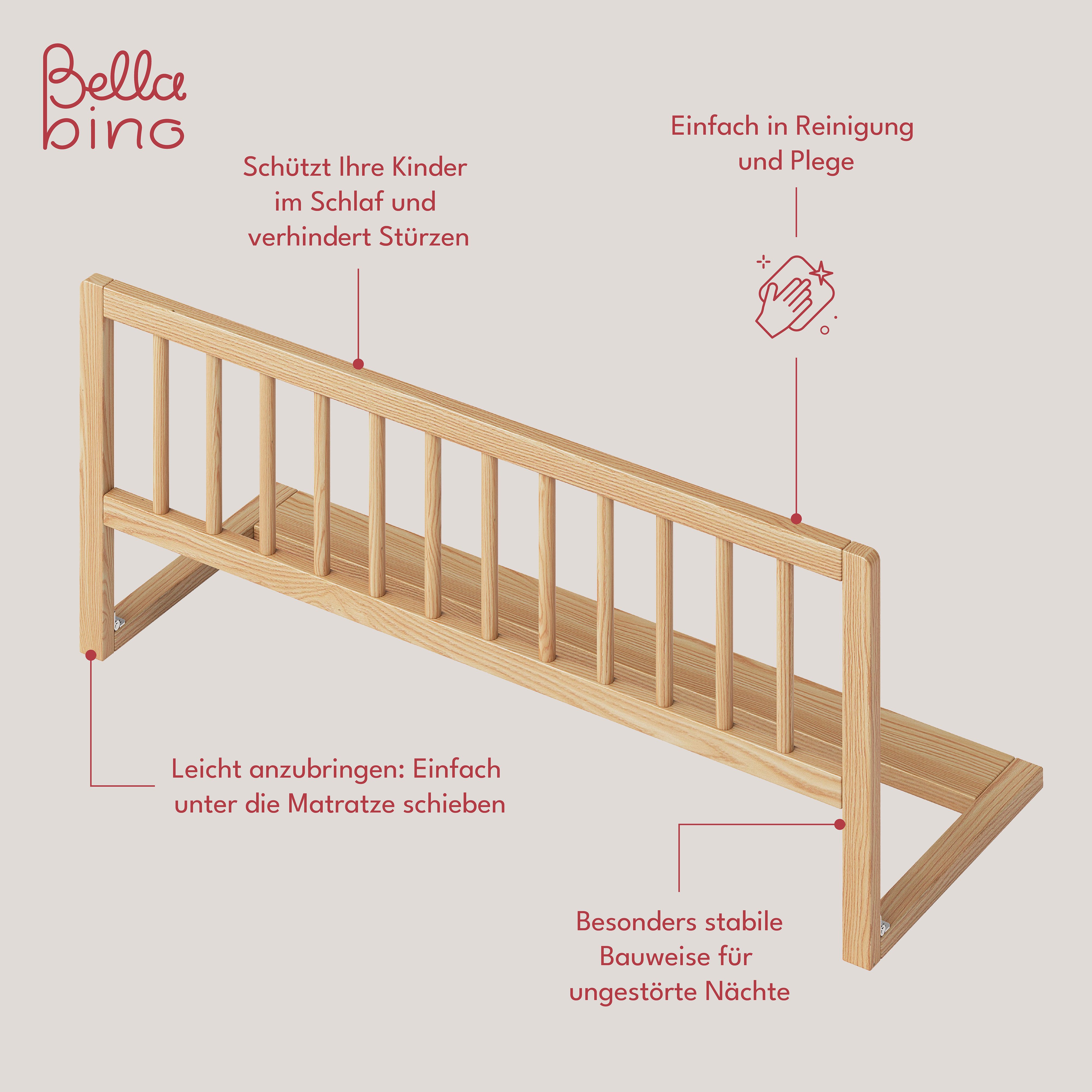 Bellabino Bettschutzgitter Yuna einfach klappbar und vormontiert (natur unbehandelt, 90 cm), Rausfallschutz fürs Babybett