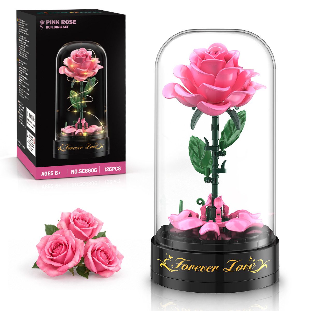 Simarrant Rosa Rosen Klemmbaustein Set mit Spieluhr, 126 Teile Spielbausteine, (Set, 126 St., Geschenk für Frauen und Mädchen ab 6 Jahren), Romantische Blumendekoration zum Zusammenbauen von Simarrant